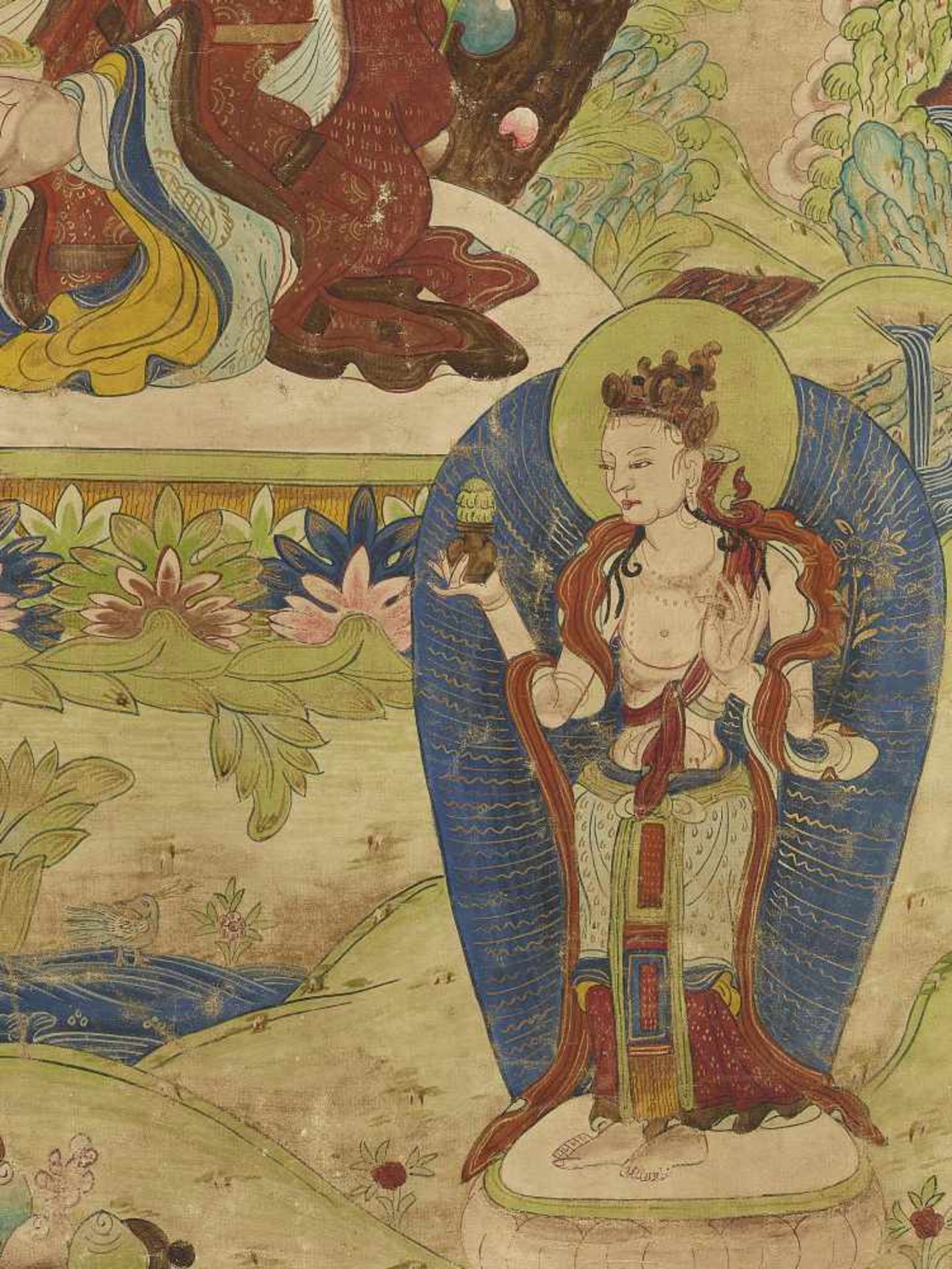 A PADMASAMBHAVA THANGKA EARLY 1800sTibet, circa 1800. Seated on a throne, his hands in varada- and - Image 4 of 6