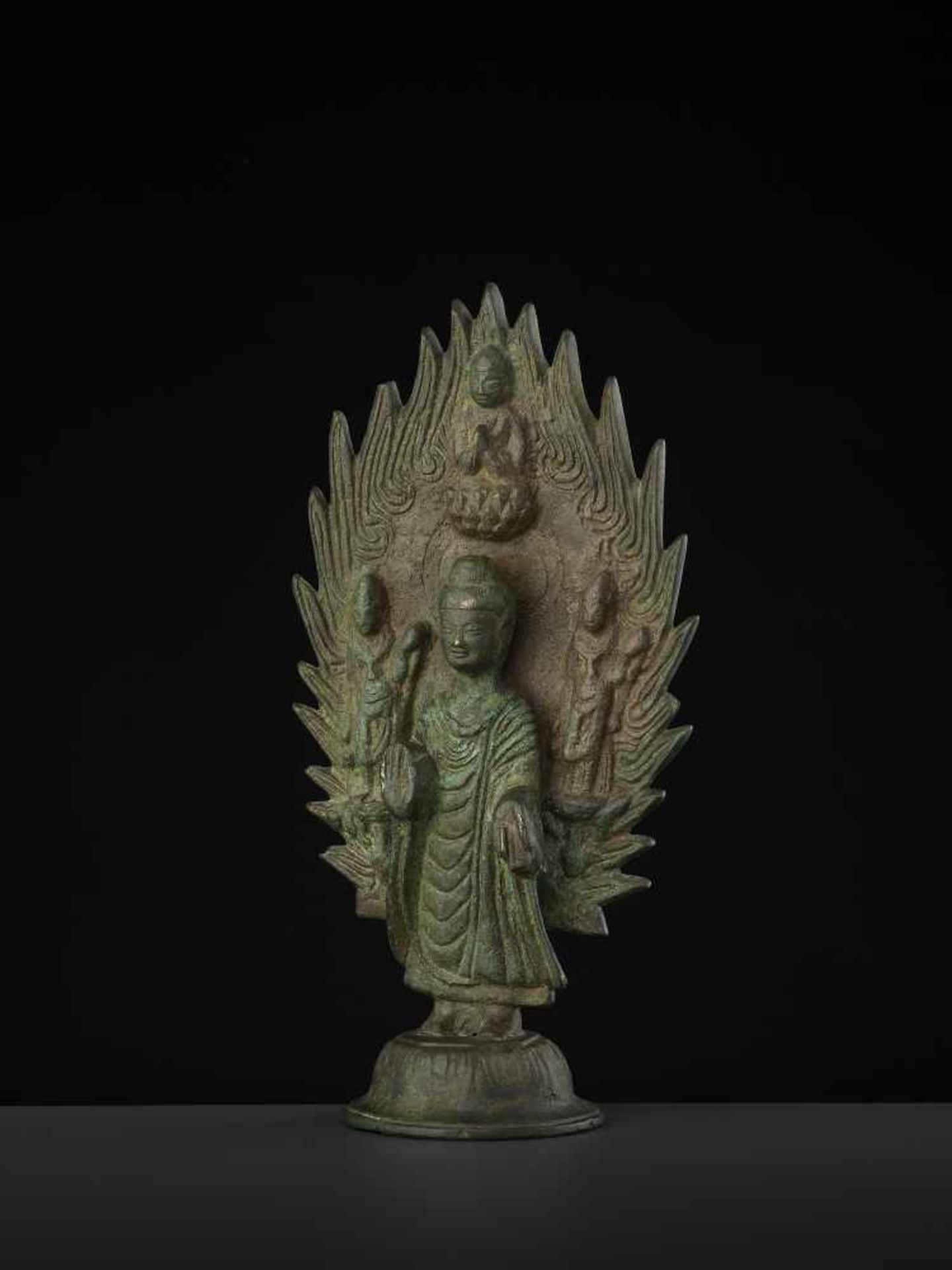A BRONZE BUDDHA DATED 571 China, Northern Qi dynasty. Cast and incised bronze with a rich, - Image 4 of 11