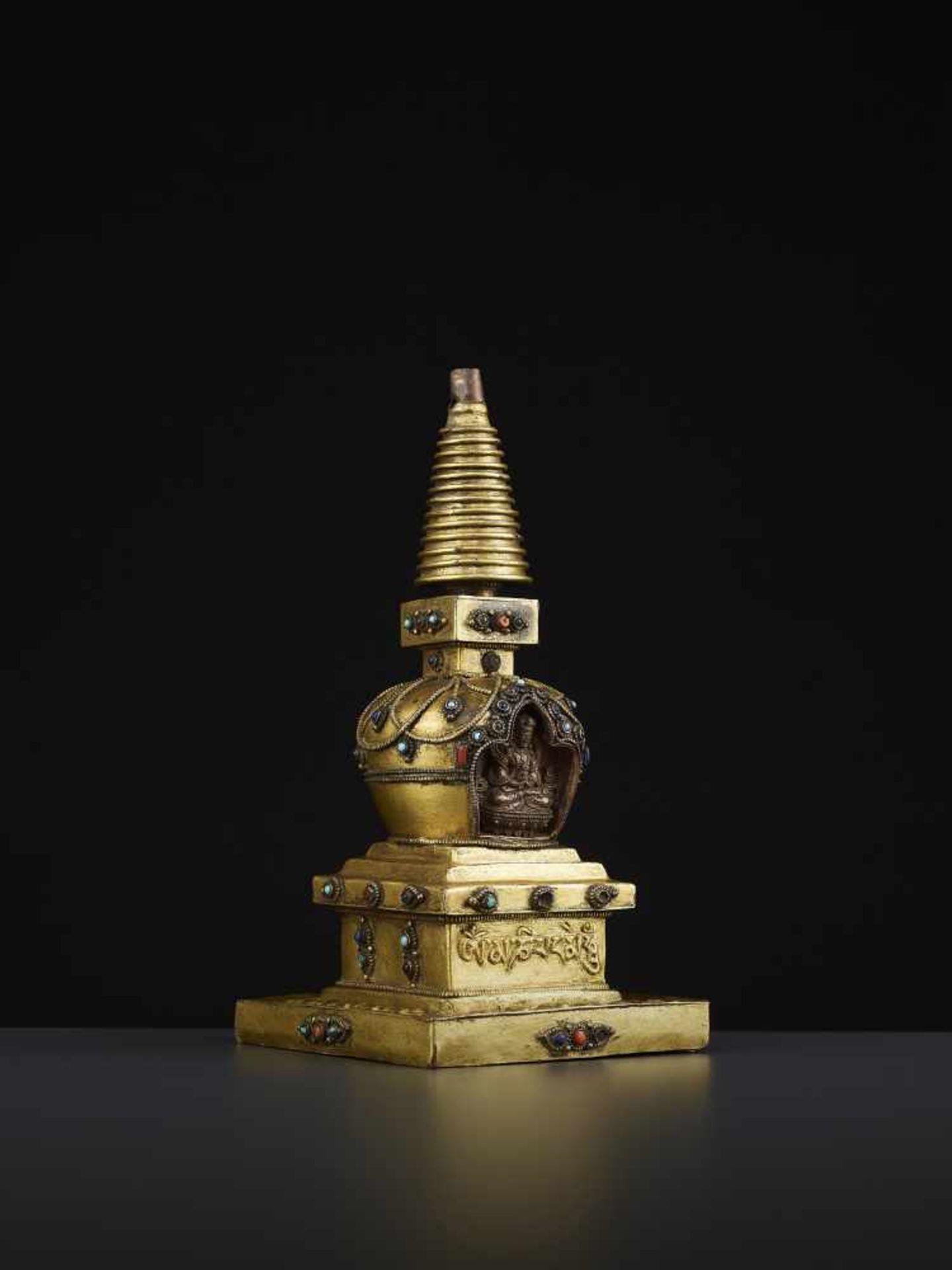 A REPOUSSE STUPA 18TH CENTURYTibet, 18TH to earlier 19TH century. A fire-gilt copper model of a - Image 8 of 11