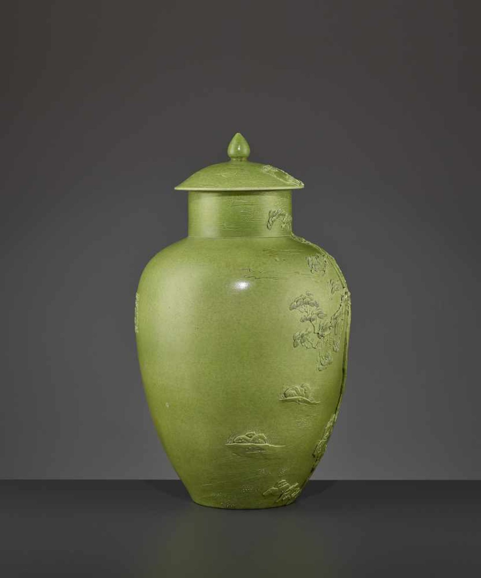 A VASE BY WANG BINGRONG (1840-1900)China. The lidded vessel with a striking lime-green glaze. Molded - Image 10 of 13