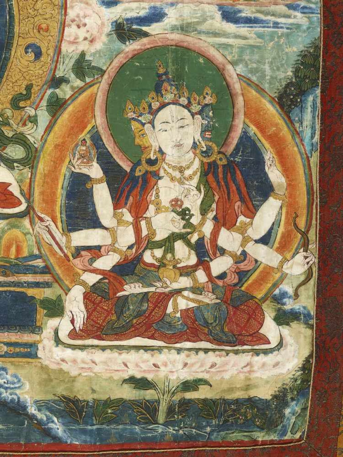 A LARGE AMITAYUS THANGKA 18TH CENTURYTibet. A very large Thangka in Chinese brocade mounting. - Image 4 of 10