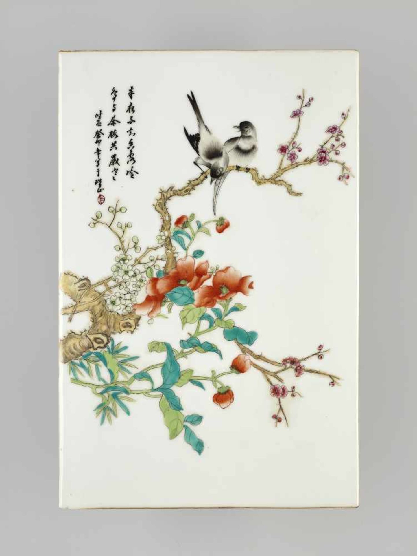 A WINTER PLAQUE, PORCELAIN, 1903 China, cyclical dating guimao (1903). Painted in vivid Famille Rose