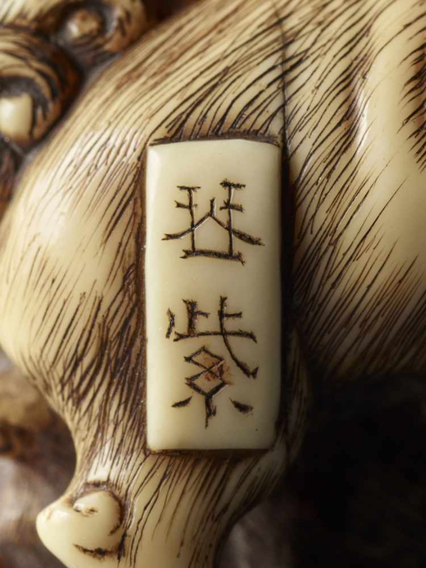 A FINE IVORY NETSUKE OF TWO FIGHTING SHISHI BY KINSHI By Kinshi, ivory netsukeJapan, 19th century, - Image 10 of 10