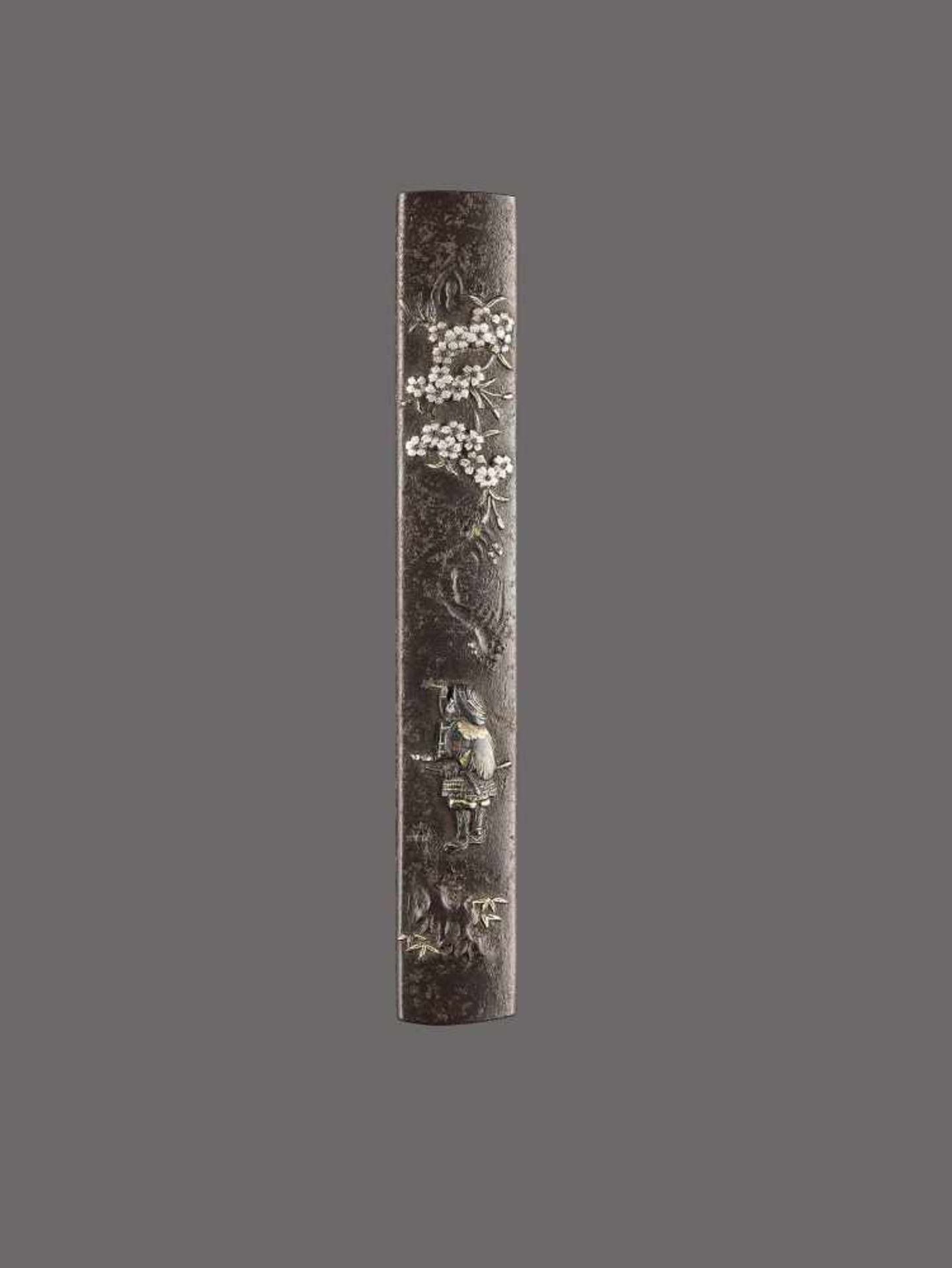 AN IRON, SILVER AND GOLD KOZUKA OF TAKANORI BY MASAYUKI By Terumitsu, kozuka handle, iron, silver