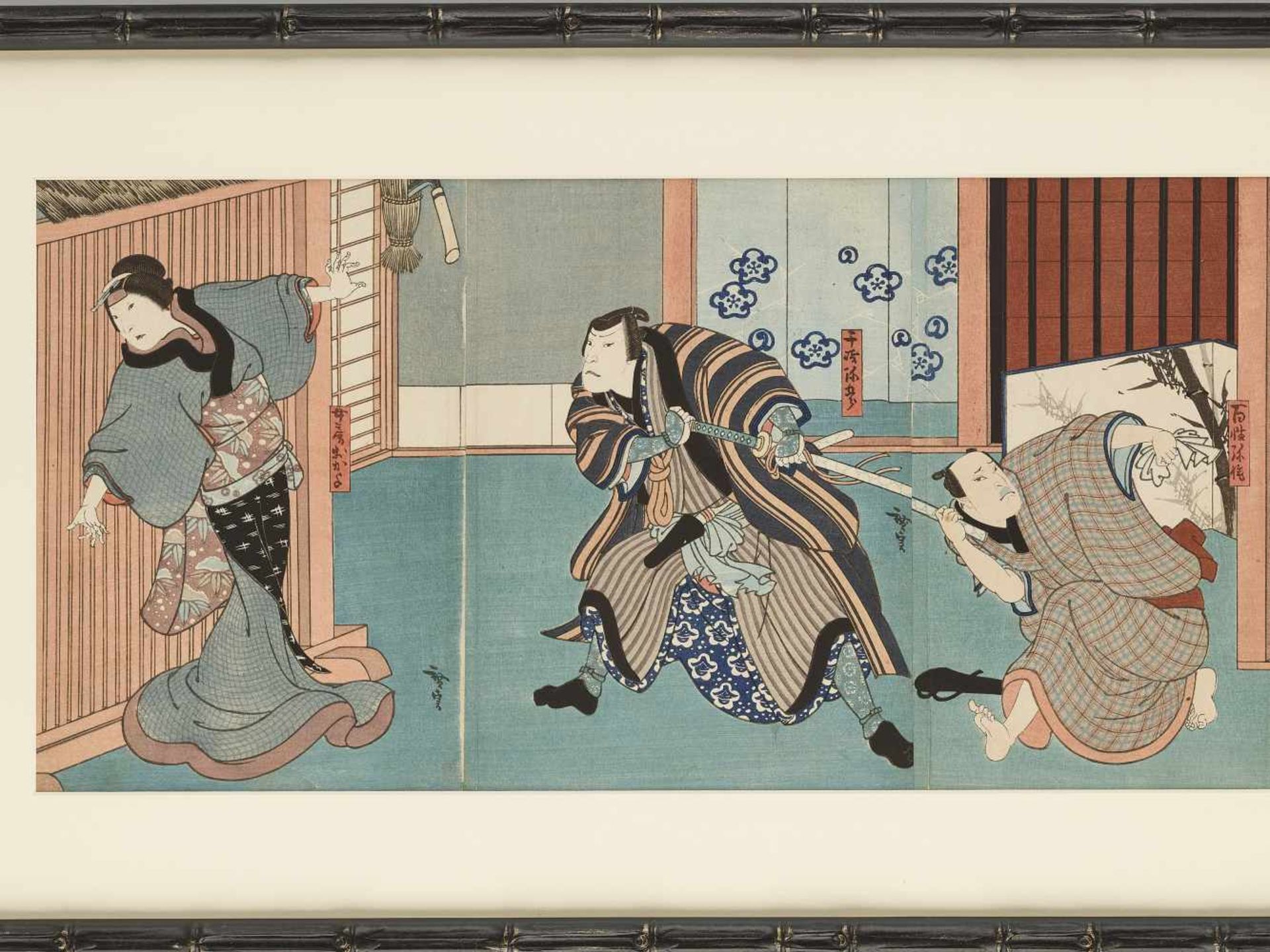 A TRIPTYCH BY UTAGAWA HIROSADA Japan, ca. 1850. Depiction of a scene from the Kabuki play Chûkô - Image 2 of 2