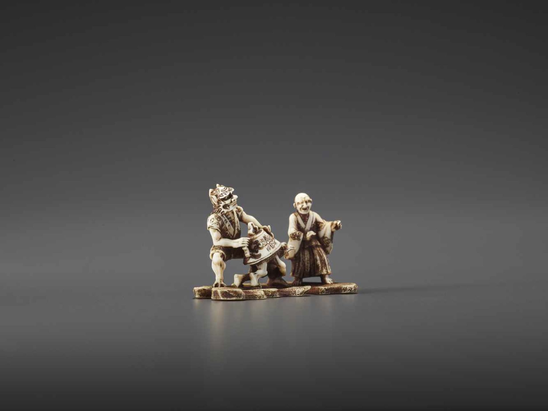 A MINUTELY CARVED IVORY NETSUKE OF ONI, KAPPA AND MONK SIGNED TENMIN Signed Tenmin, ivory - Image 7 of 10