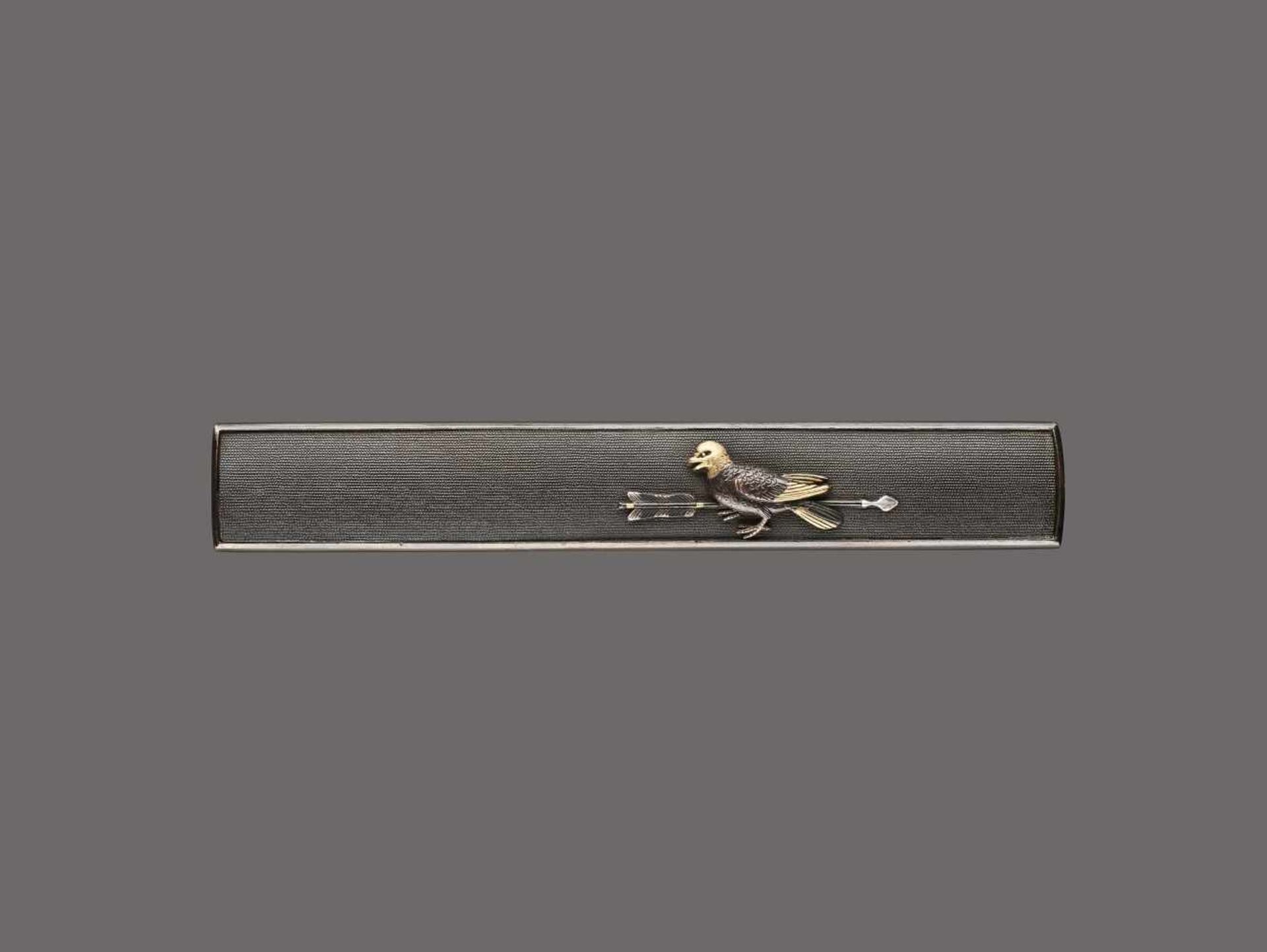 A FINE SHAKUDO, GOLD AND SILVER KOZUKA HANDLE WITH ARROW AND FALCON Unsigned, kozuka handle,