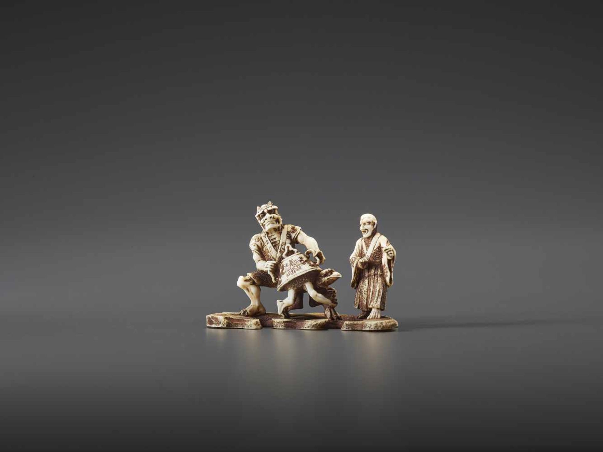 A MINUTELY CARVED IVORY NETSUKE OF ONI, KAPPA AND MONK SIGNED TENMIN Signed Tenmin, ivory - Image 2 of 10