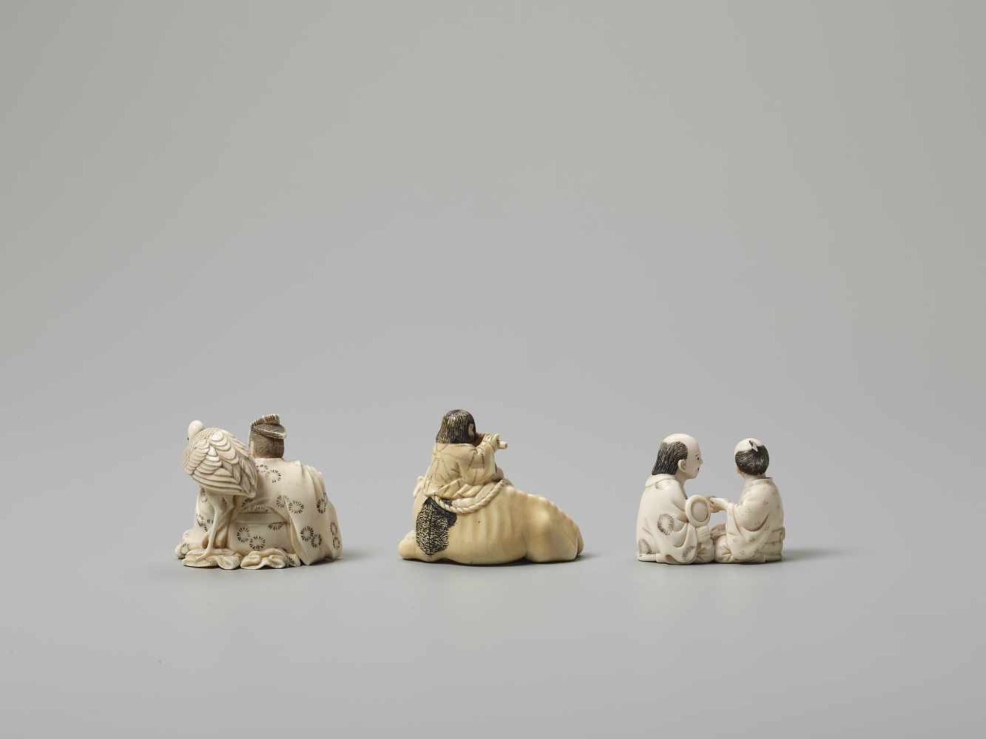 THREE MEIJI PERIOD FIGURAL IVORY NETSUKE The first two unsigned, the third signed Homin with - Image 2 of 3