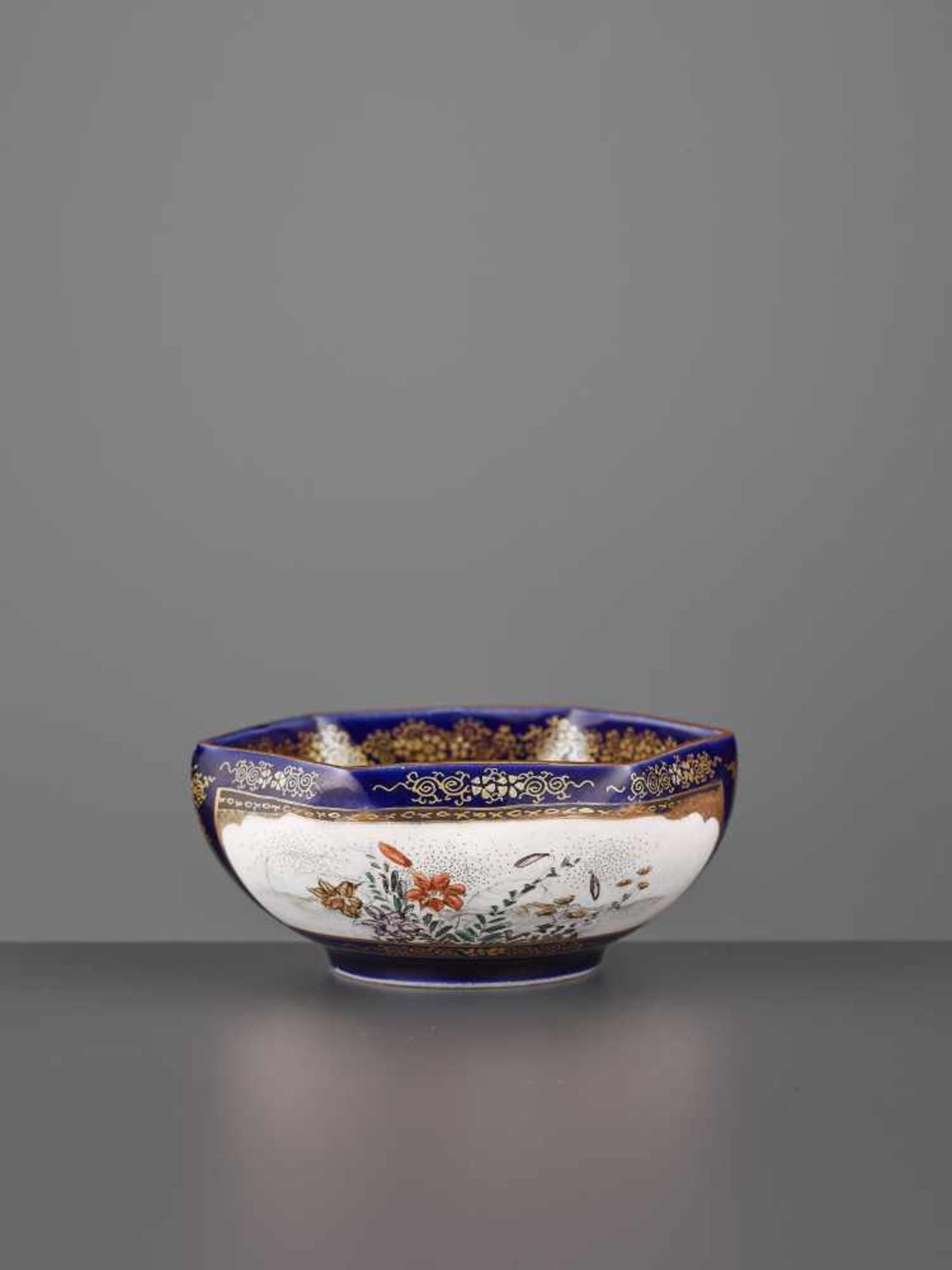 A ROYAL BLUE SEIZAN SATSUMA BOWL Japan, Meiji period (1868-1912). The hexagonal bowl bears a royal - Image 6 of 10