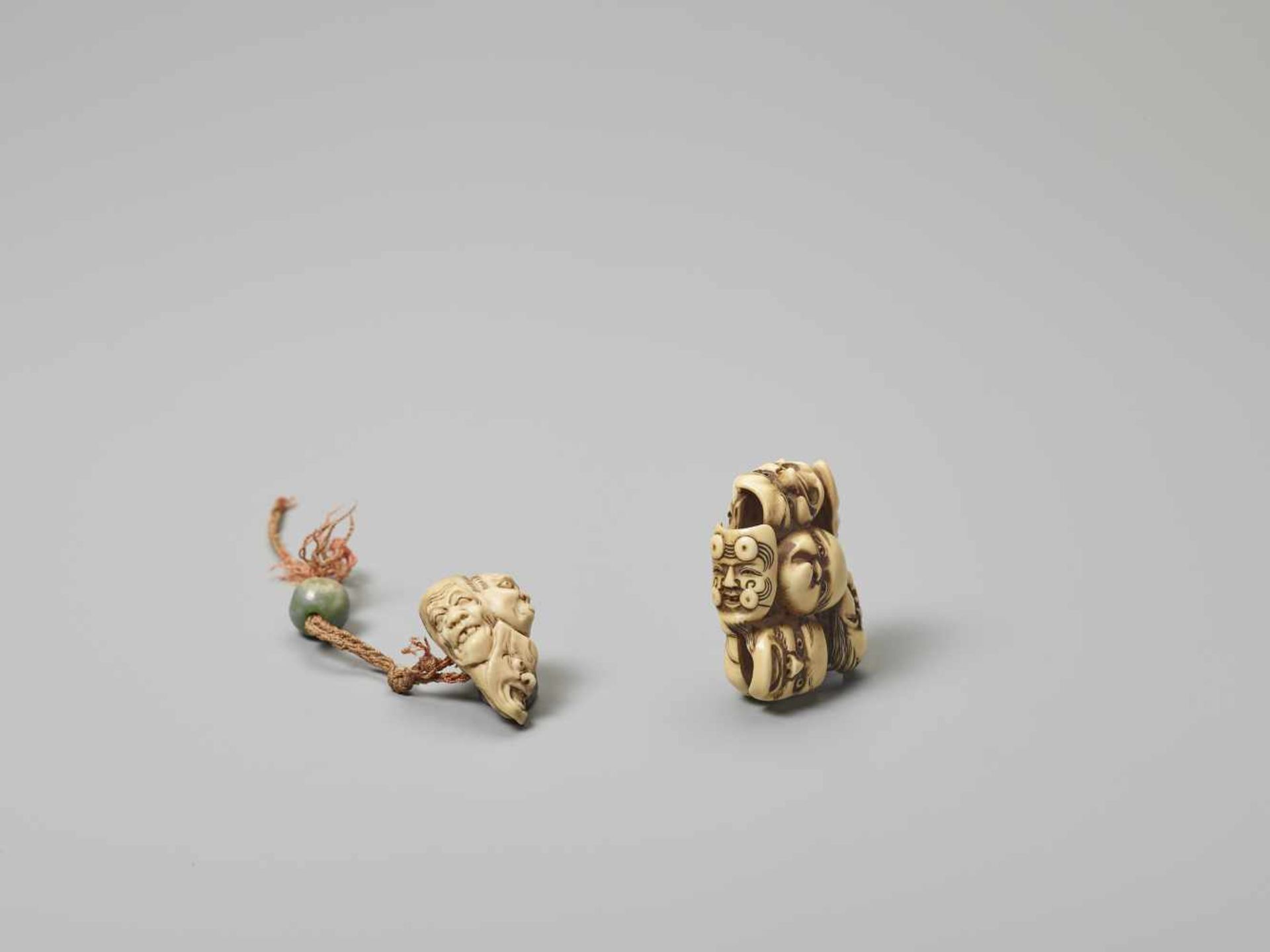 TWO IVORY NETSUKE OF NOH MASKS WITH ONE JADEITE OJIME The first unsigned, the second signed - Image 2 of 3
