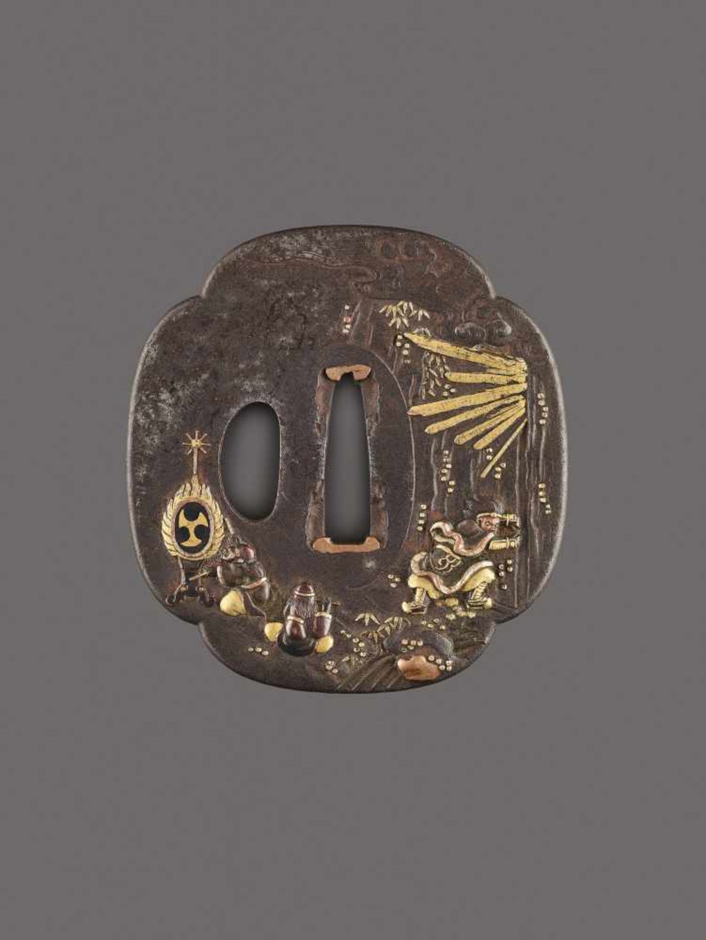 AN IRON, COPPER AND GOLD TSUBA DEPICTING FUDO AND COMPANION Unsigned, tsuba, iron, copper and gold