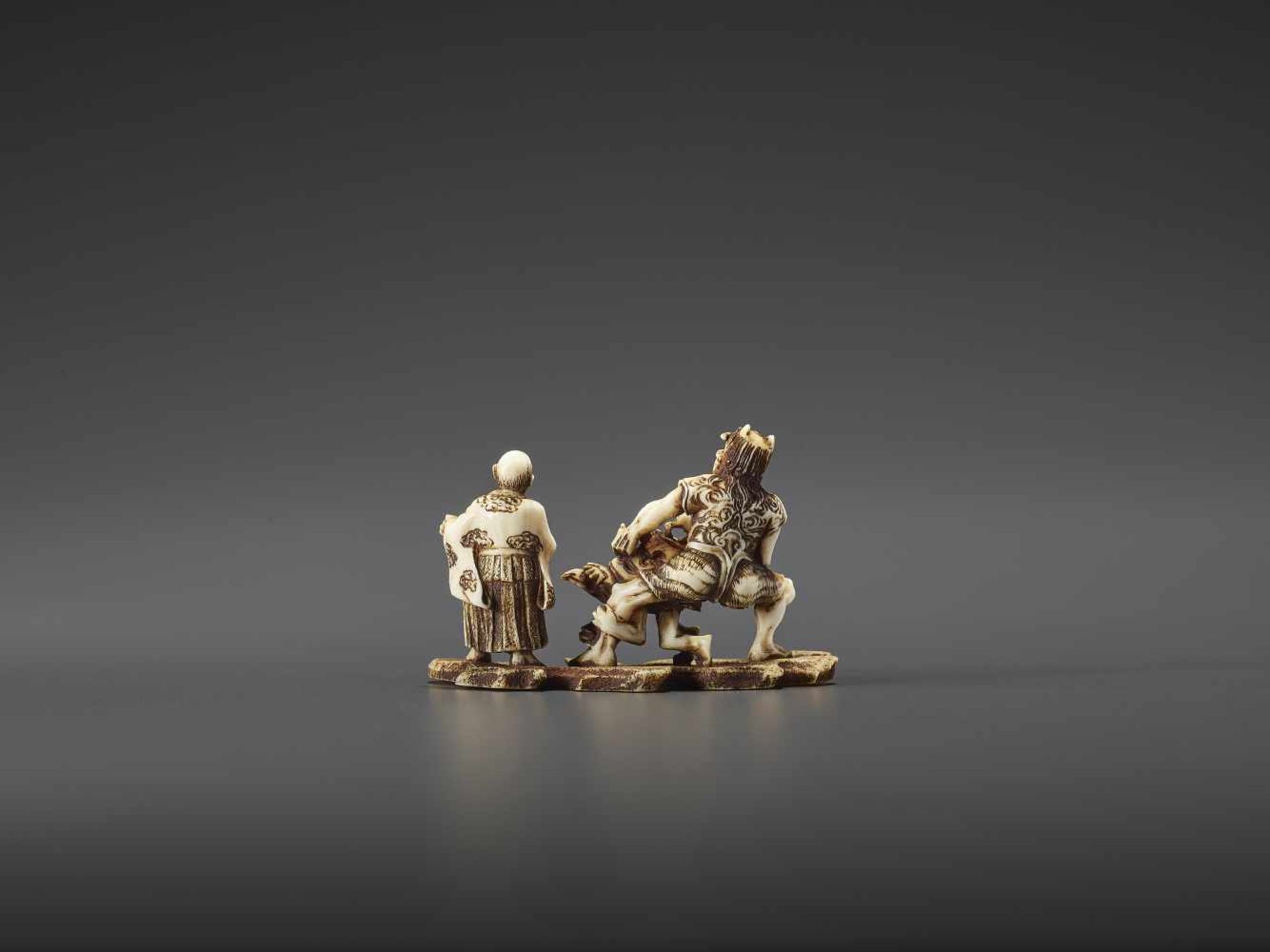A MINUTELY CARVED IVORY NETSUKE OF ONI, KAPPA AND MONK SIGNED TENMIN Signed Tenmin, ivory - Image 5 of 10