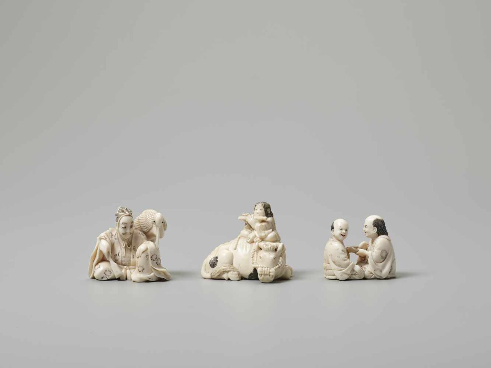 THREE MEIJI PERIOD FIGURAL IVORY NETSUKE The first two unsigned, the third signed Homin with