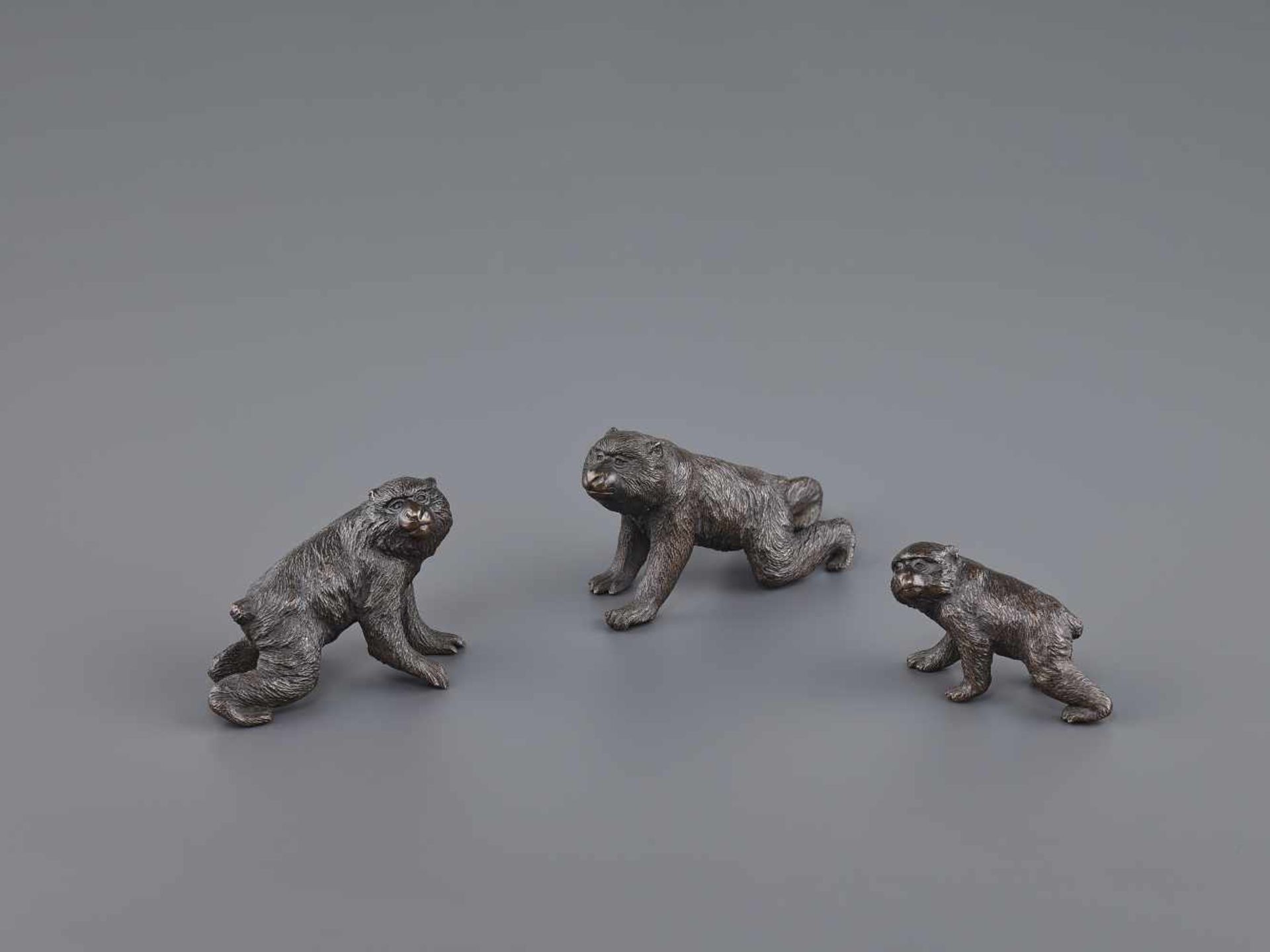 A SEIYA BRONZE GROUP OF MACAQUES Japan, Meiji period (1868-1912). All three monkeys bearing the - Image 3 of 10