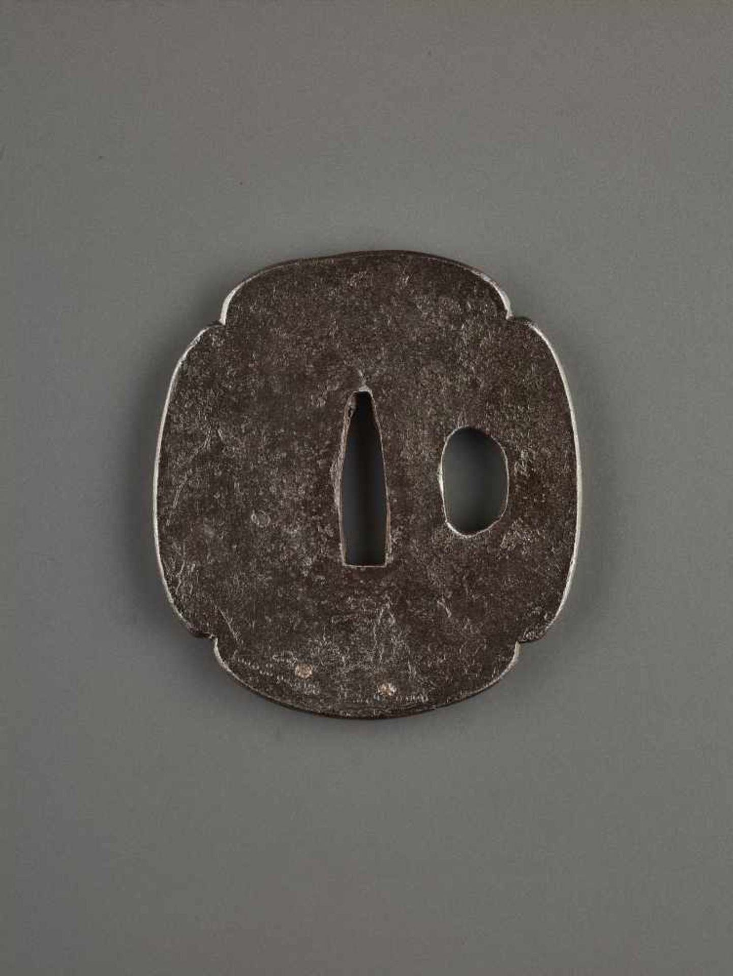 A FINE TSUBA WITH GRASSHOPPER Unsigned, iron, gold and copperOf Mokko Gata shape with one open hitsu - Image 3 of 3