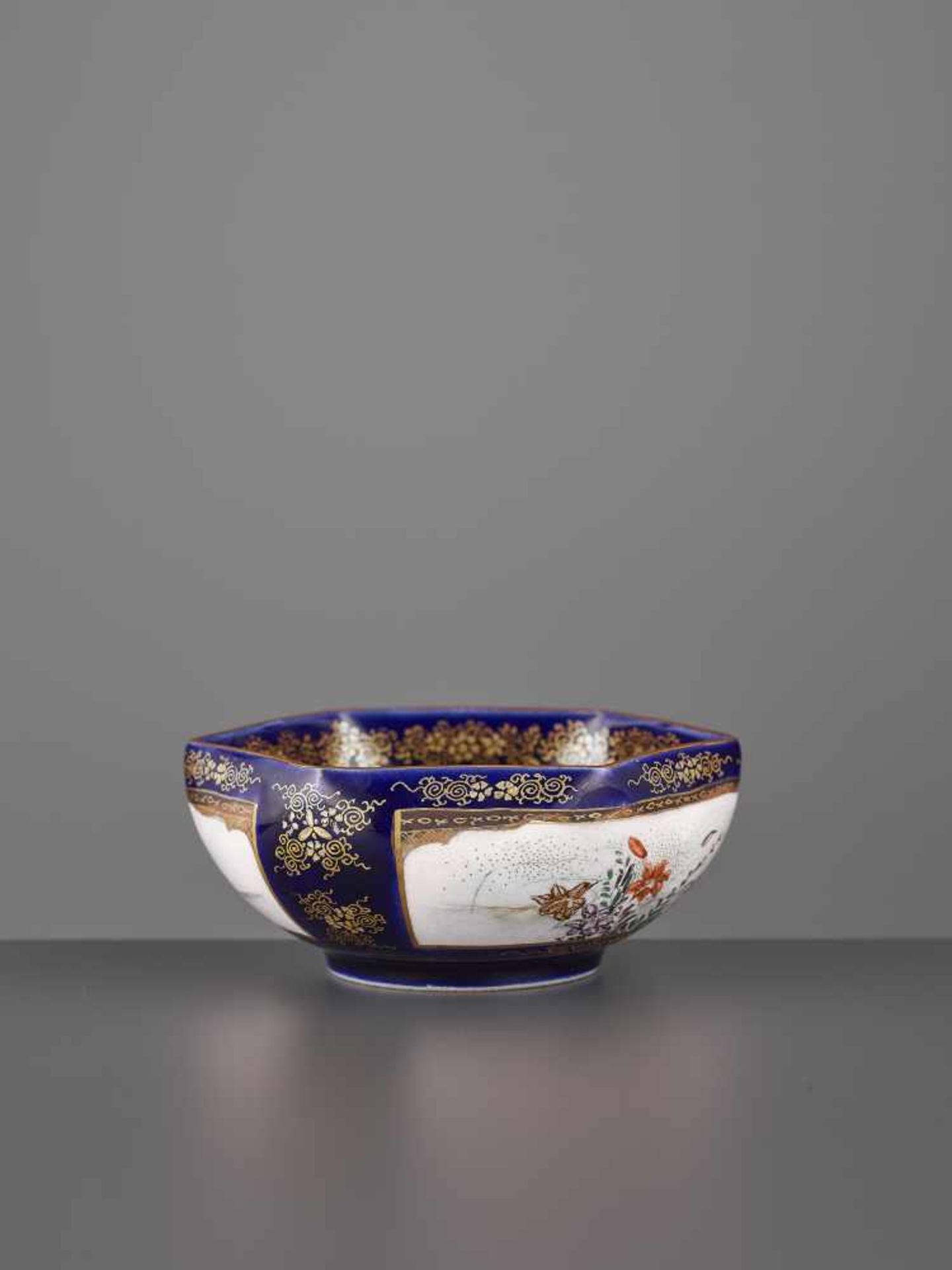 A ROYAL BLUE SEIZAN SATSUMA BOWL Japan, Meiji period (1868-1912). The hexagonal bowl bears a royal - Image 5 of 10