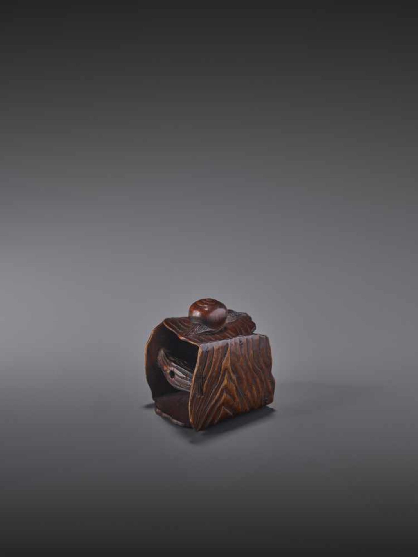 A FINE WOOD NETSUKE OF A SNAIL ON A BUCKET BY MASANAO By Masanao, wood netsukeJapan, Ise-Yamada, - Image 10 of 13