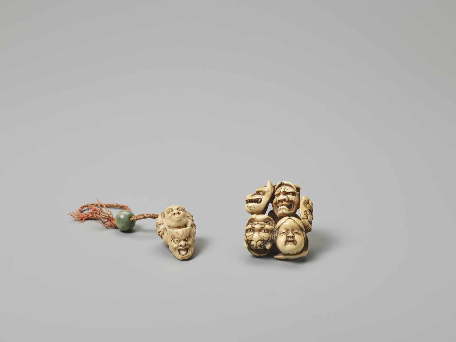TWO IVORY NETSUKE OF NOH MASKS WITH ONE JADEITE OJIME The first unsigned, the second signed