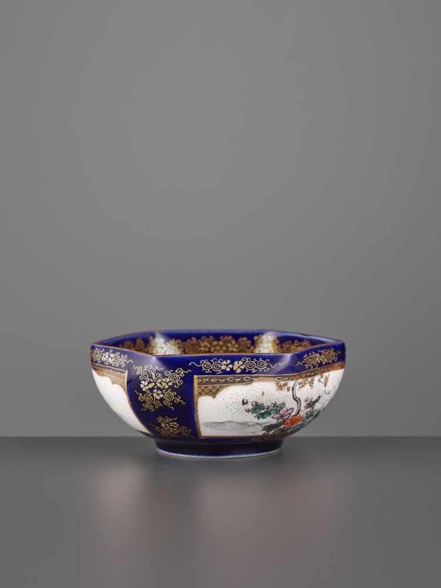 A ROYAL BLUE SEIZAN SATSUMA BOWL Japan, Meiji period (1868-1912). The hexagonal bowl bears a royal - Image 8 of 10