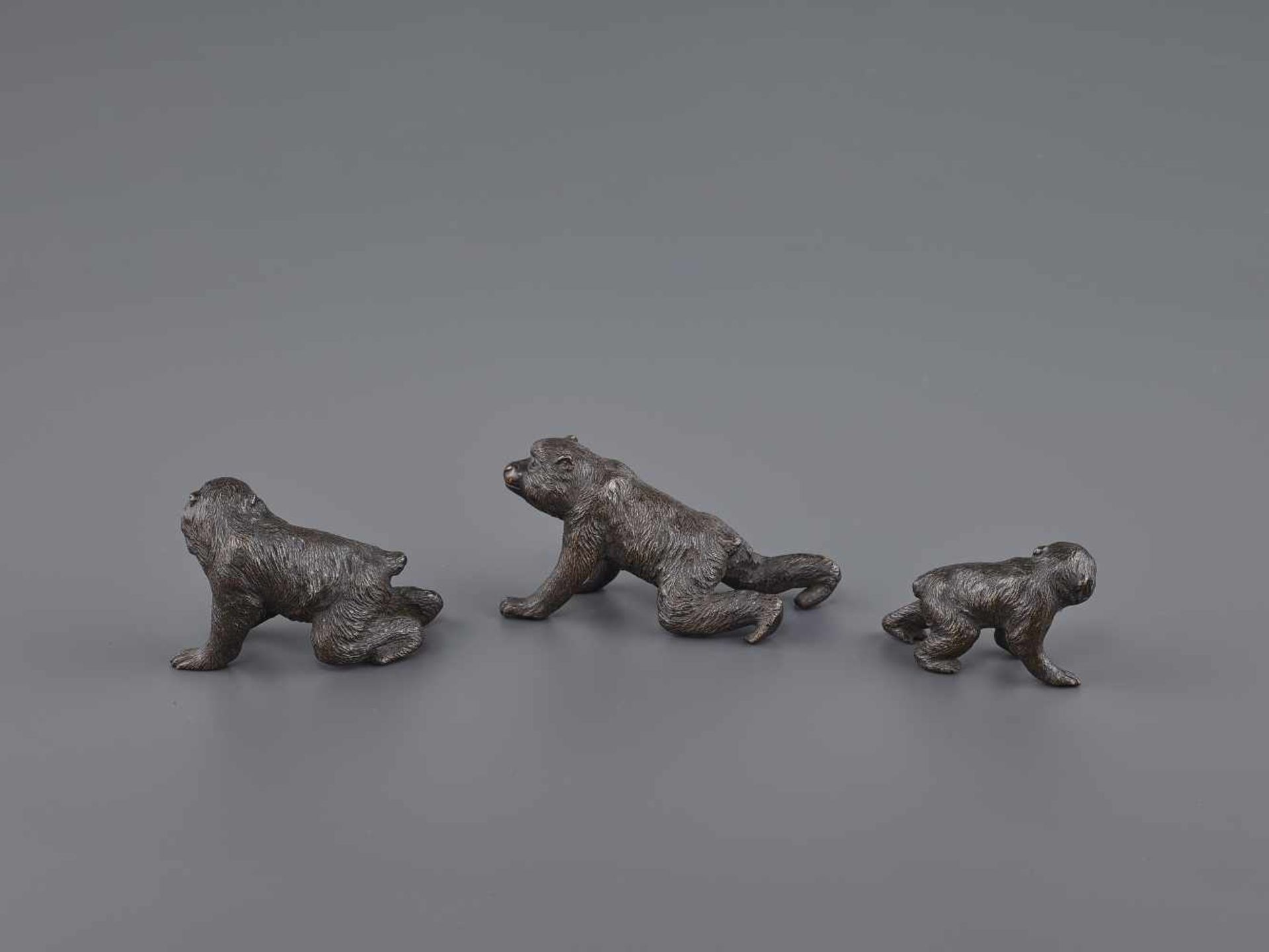 A SEIYA BRONZE GROUP OF MACAQUES Japan, Meiji period (1868-1912). All three monkeys bearing the - Image 6 of 10