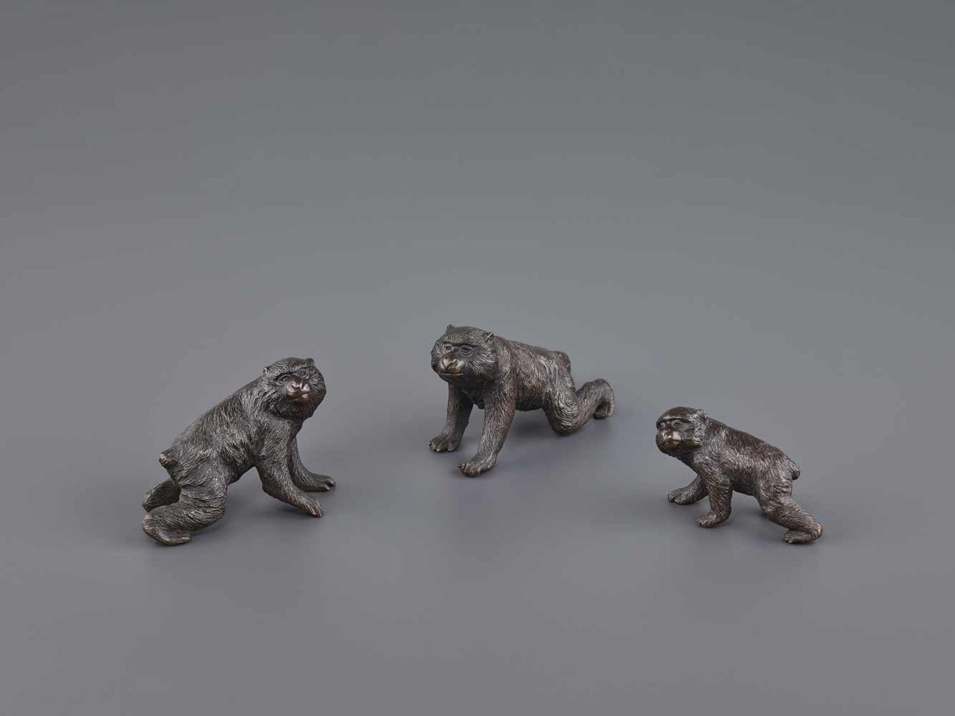 A SEIYA BRONZE GROUP OF MACAQUES Japan, Meiji period (1868-1912). All three monkeys bearing the - Image 5 of 10