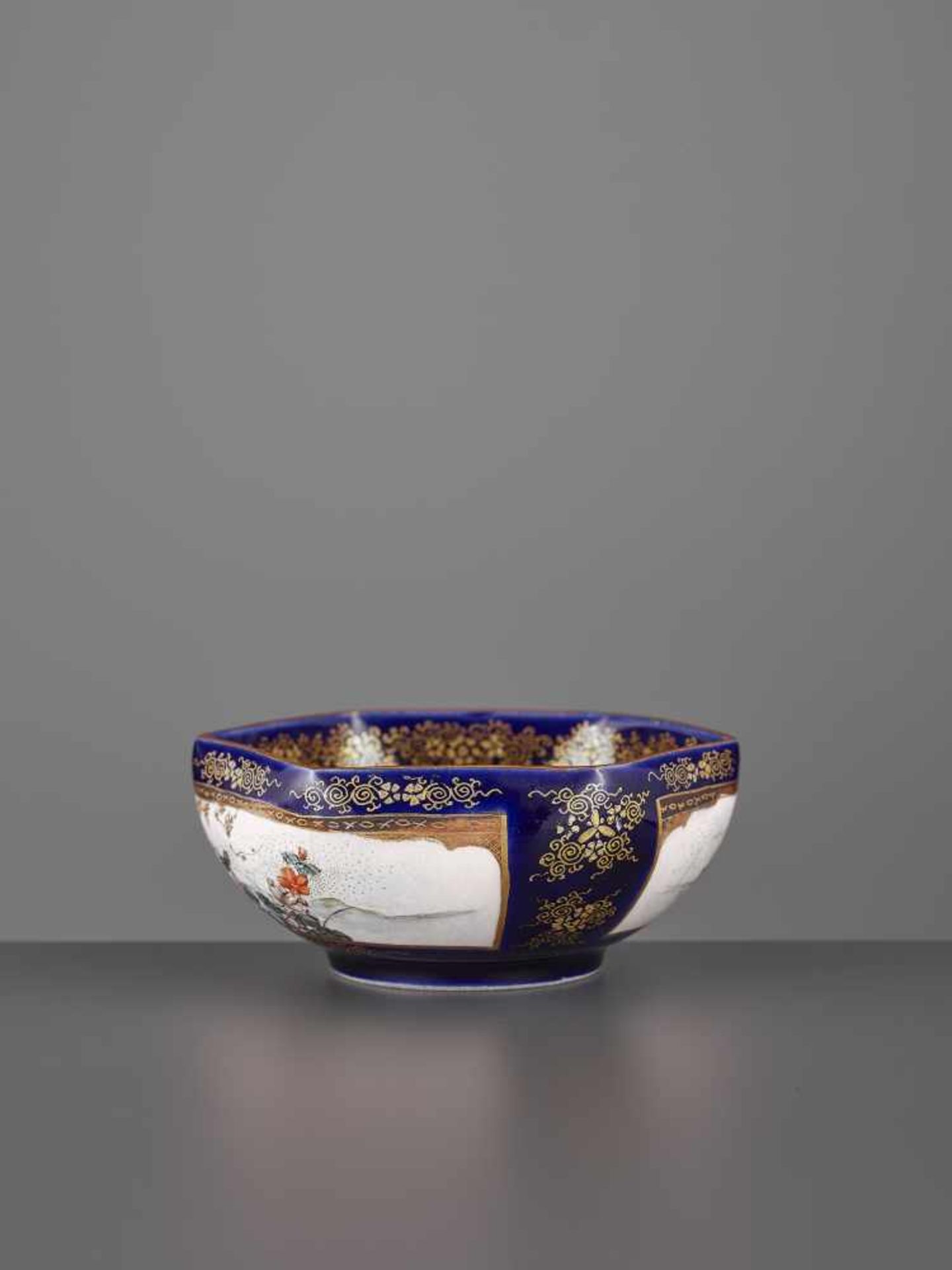 A ROYAL BLUE SEIZAN SATSUMA BOWL Japan, Meiji period (1868-1912). The hexagonal bowl bears a royal - Image 4 of 10