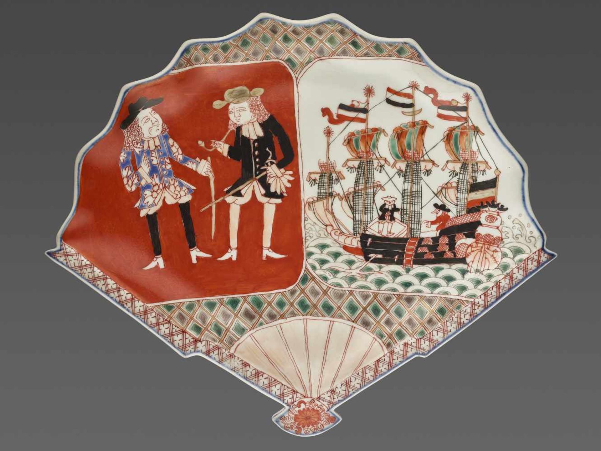 A PAIR OF SHIP & DUTCHMEN TRAYS Japan, 19th century. This pair of unusual fan-shaped porcelain - Image 2 of 6