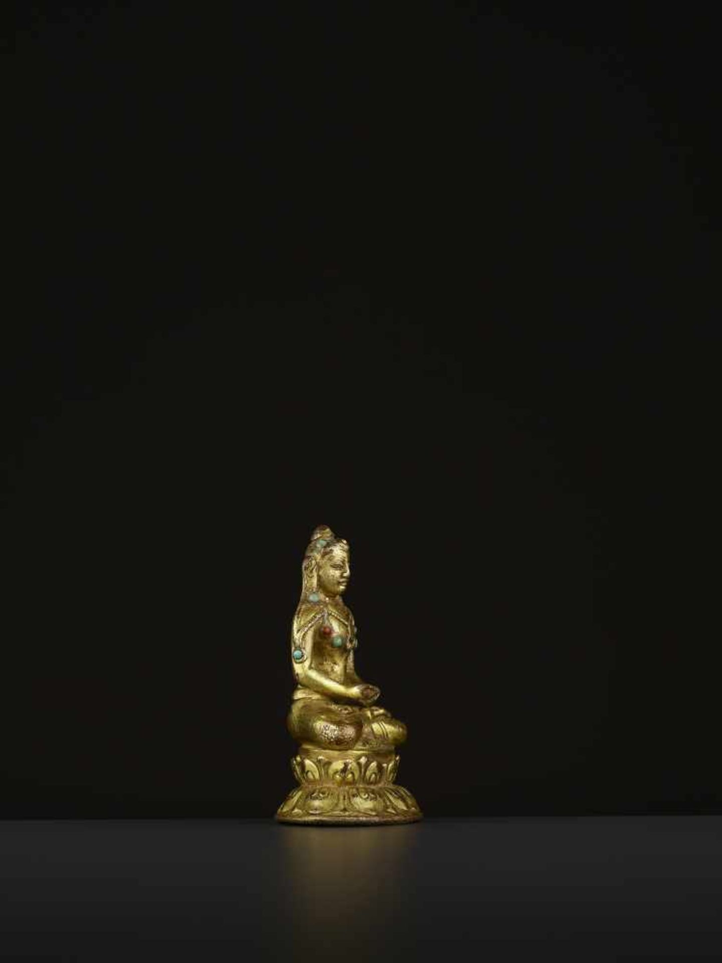 A GILT BRONZE MAHASIDDHA VIRUPA, 16TH CENTURY Tibet. Seated in dhyanasana on a double lotus base, - Image 6 of 11
