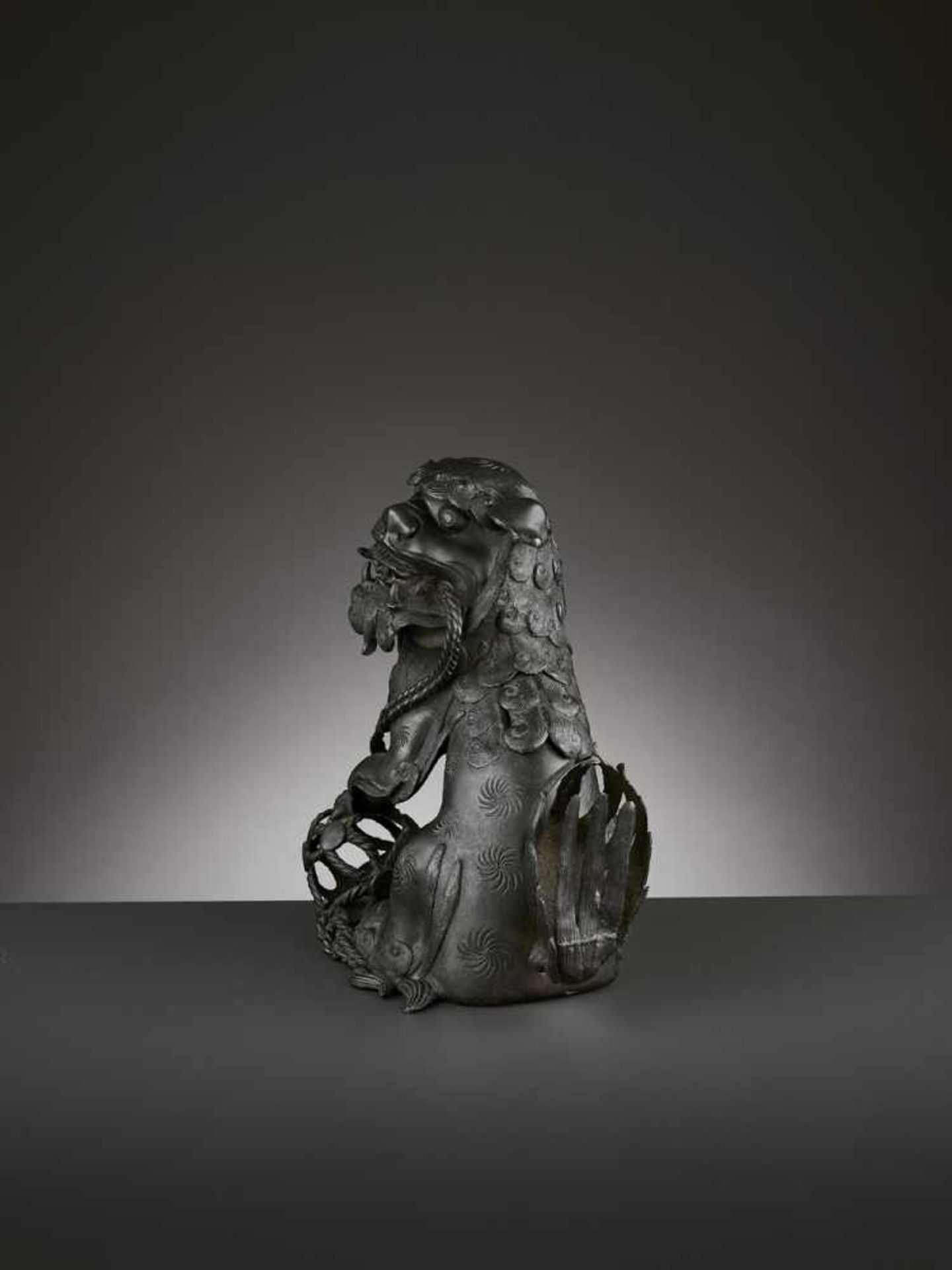 A BRONZE ‘BUDDHIST LION’ CENSER, MING China 17th century. Cast seated, the raised head with large - Image 4 of 11