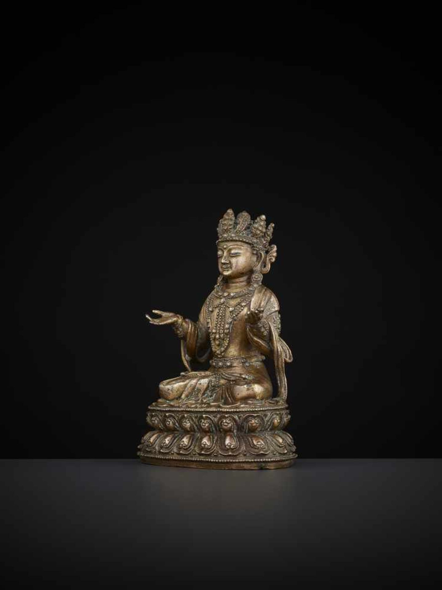 A COPPER-BRONZE STATUE OF BODHISATTVA Tibetan-Chinese, 15th – 16th century. Bodhisattva is seated in - Image 4 of 11