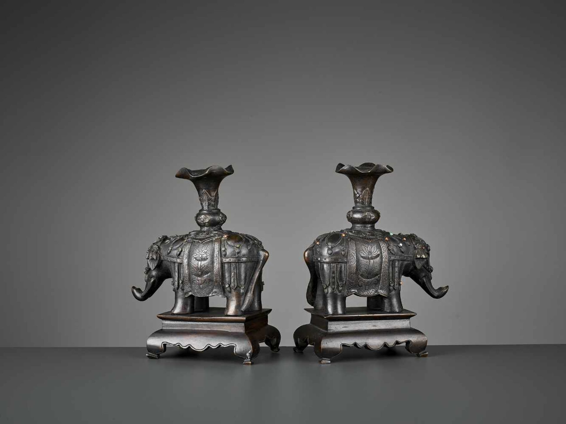 A PAIR OF CAPARISONED ELEPHANT BRONZES China, 17th-18th century. Shown on a stepped plinth with four - Image 7 of 11