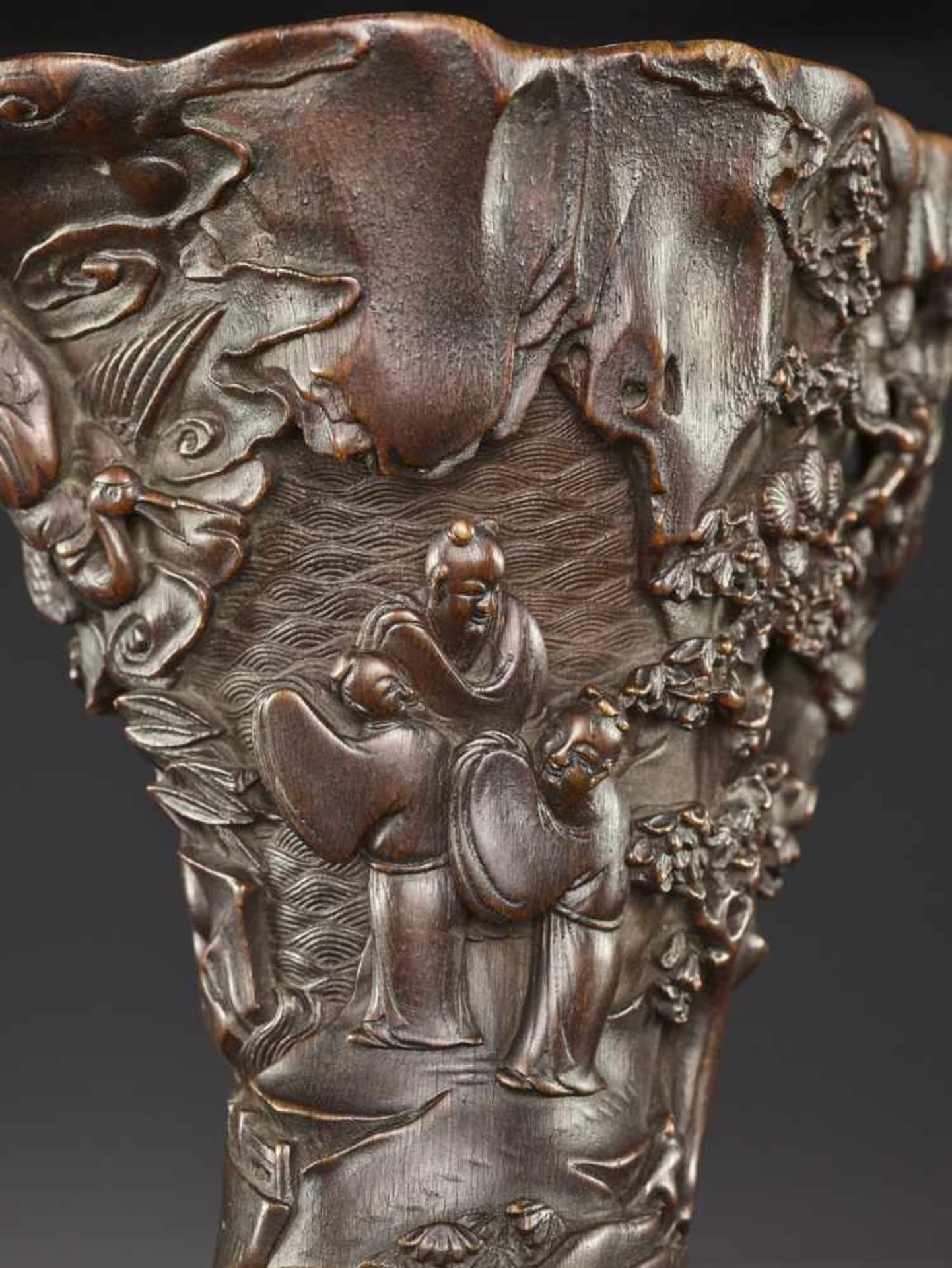 A LARGE RHINOCEROS HORN LIBATION CUP China, 17th – early 18th century. Finely carved in high - Image 7 of 17