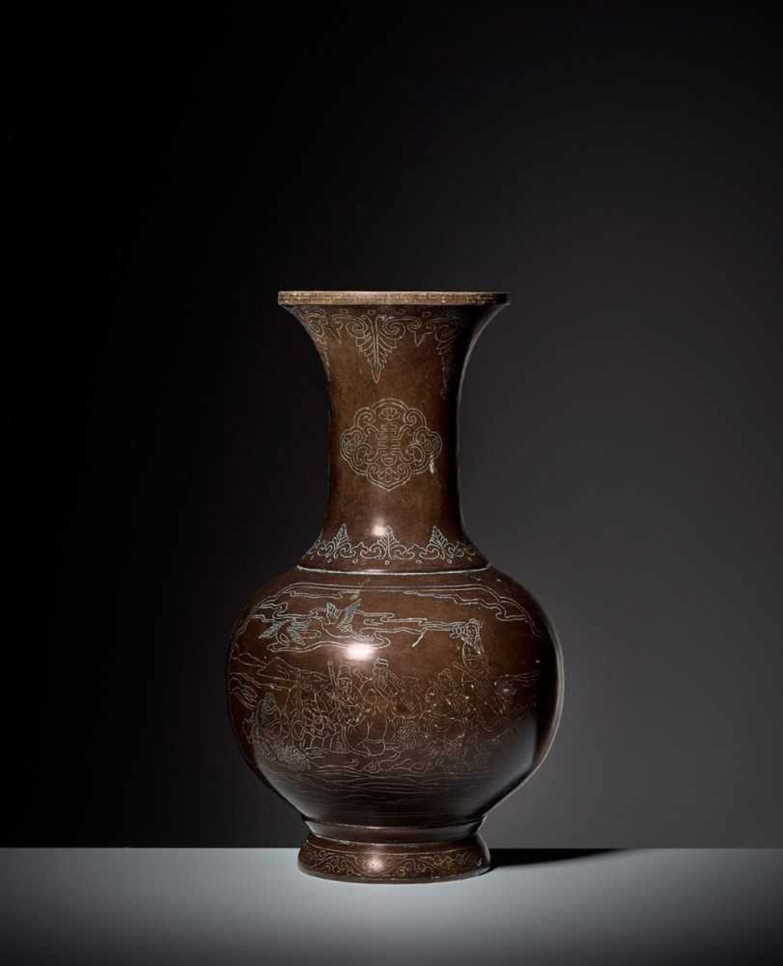 A SHISOU BAXIAN BRONZE VASE, KANGXI China, 1662-1722. Two-character signature Shisou to base. The