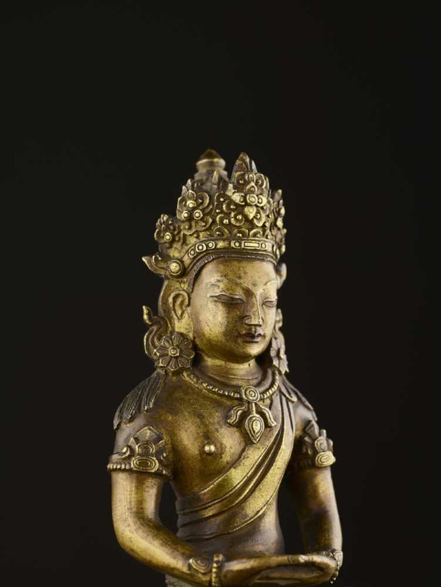 A GILT-BRONZE FIGURE OF AMITAYUS, QIANLONG China, 1736-1795. The figure is finely cast with legs - Image 3 of 9
