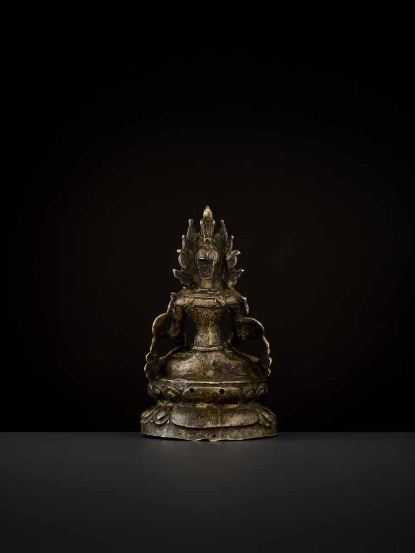 A BRONZE AMITAYUS, 13TH–14TH CENTURY Western Tibet. Seated on a high double lotus pedestal in - Image 4 of 8