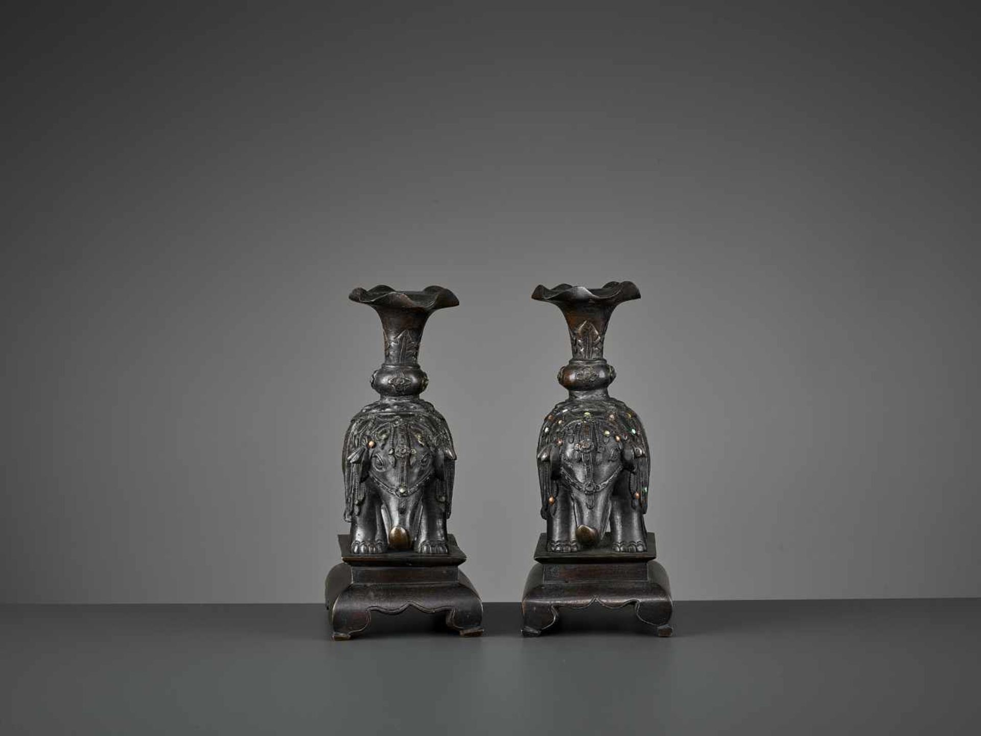 A PAIR OF CAPARISONED ELEPHANT BRONZES China, 17th-18th century. Shown on a stepped plinth with four - Image 5 of 11