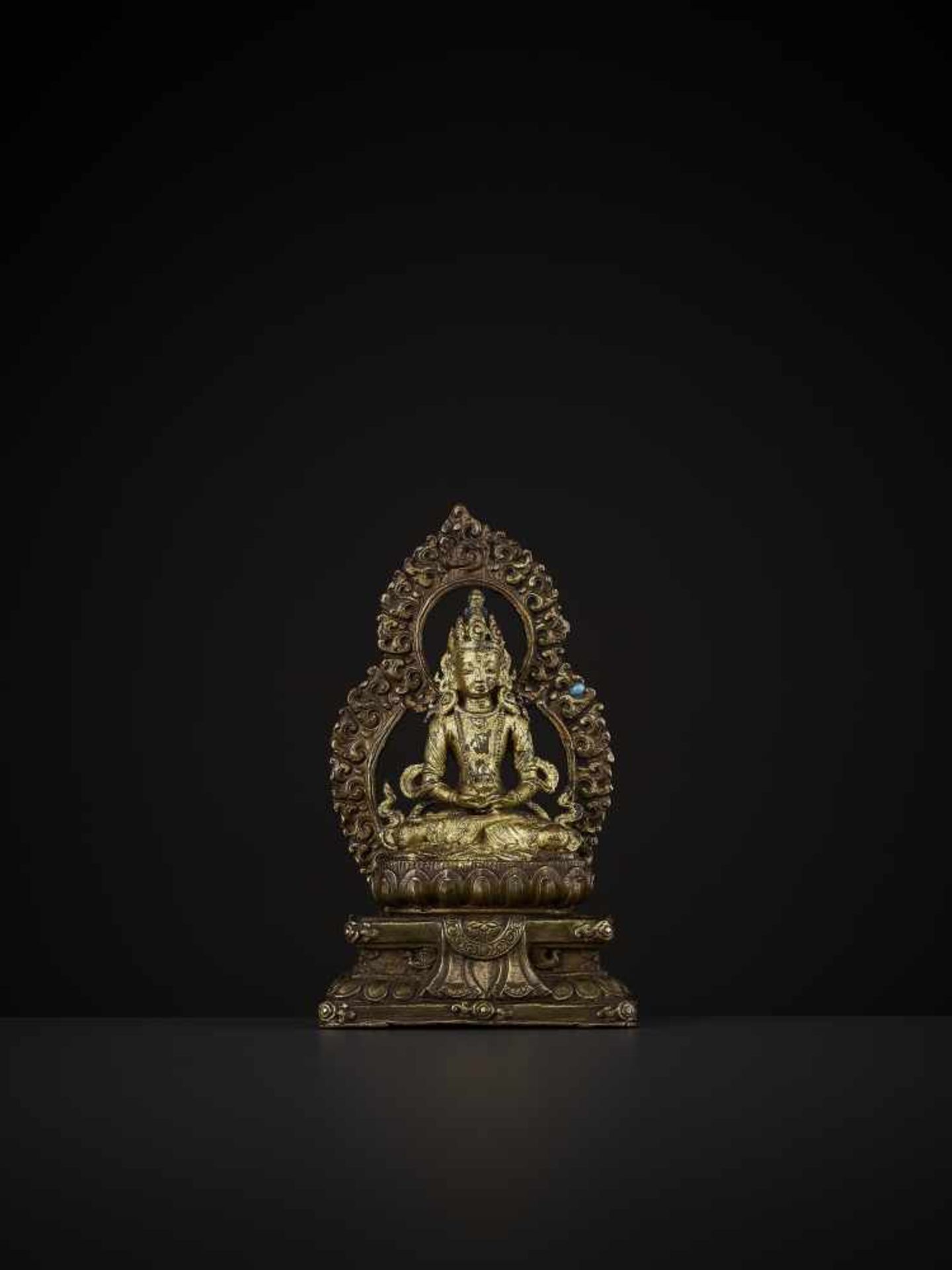 A COPPER ALLOY SHRINE TO AMITAYUS, QING China, 18th century. The lacquer gilt figure holding a - Image 2 of 7