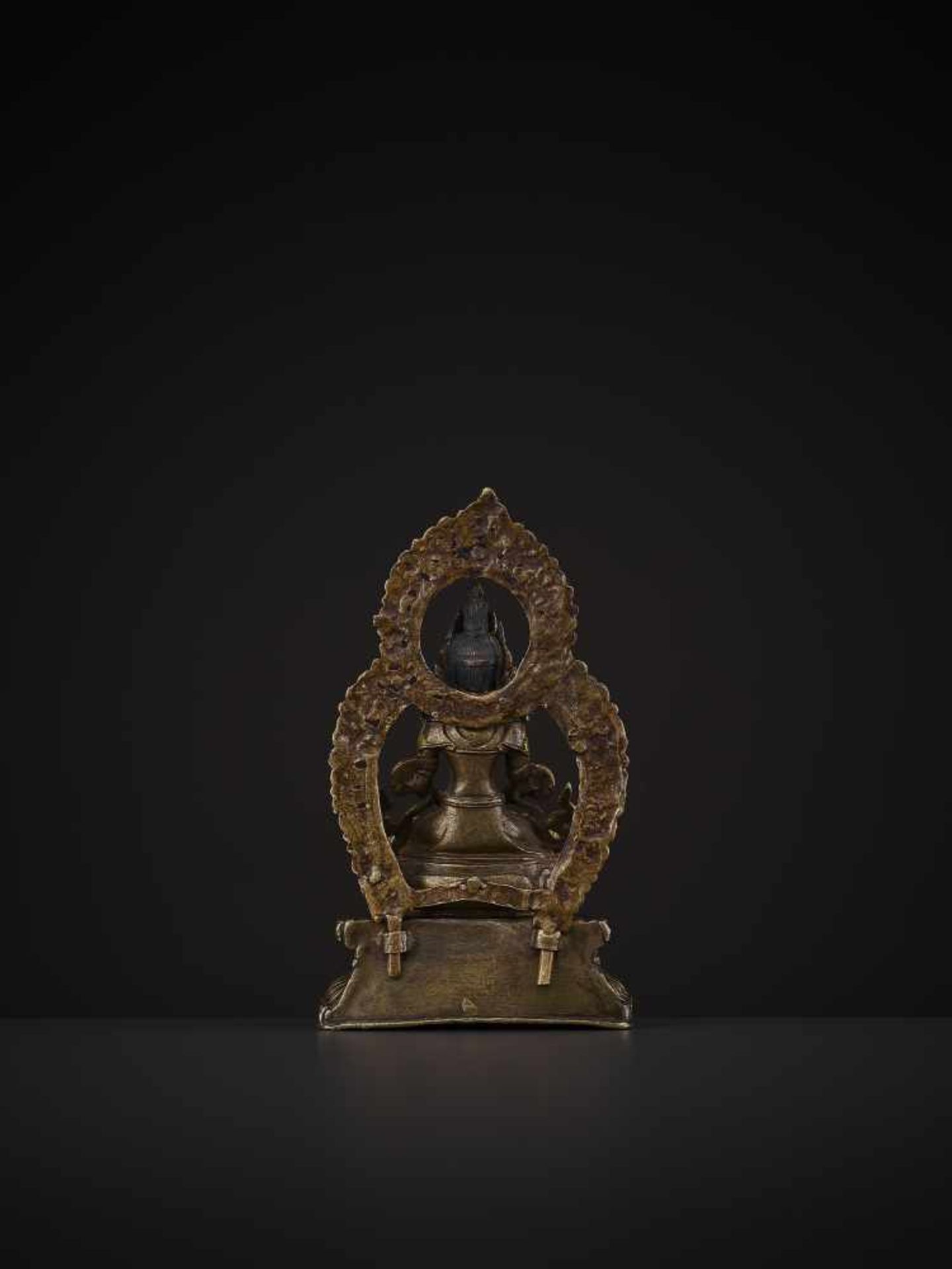 A COPPER ALLOY SHRINE TO AMITAYUS, QING China, 18th century. The lacquer gilt figure holding a - Image 4 of 7