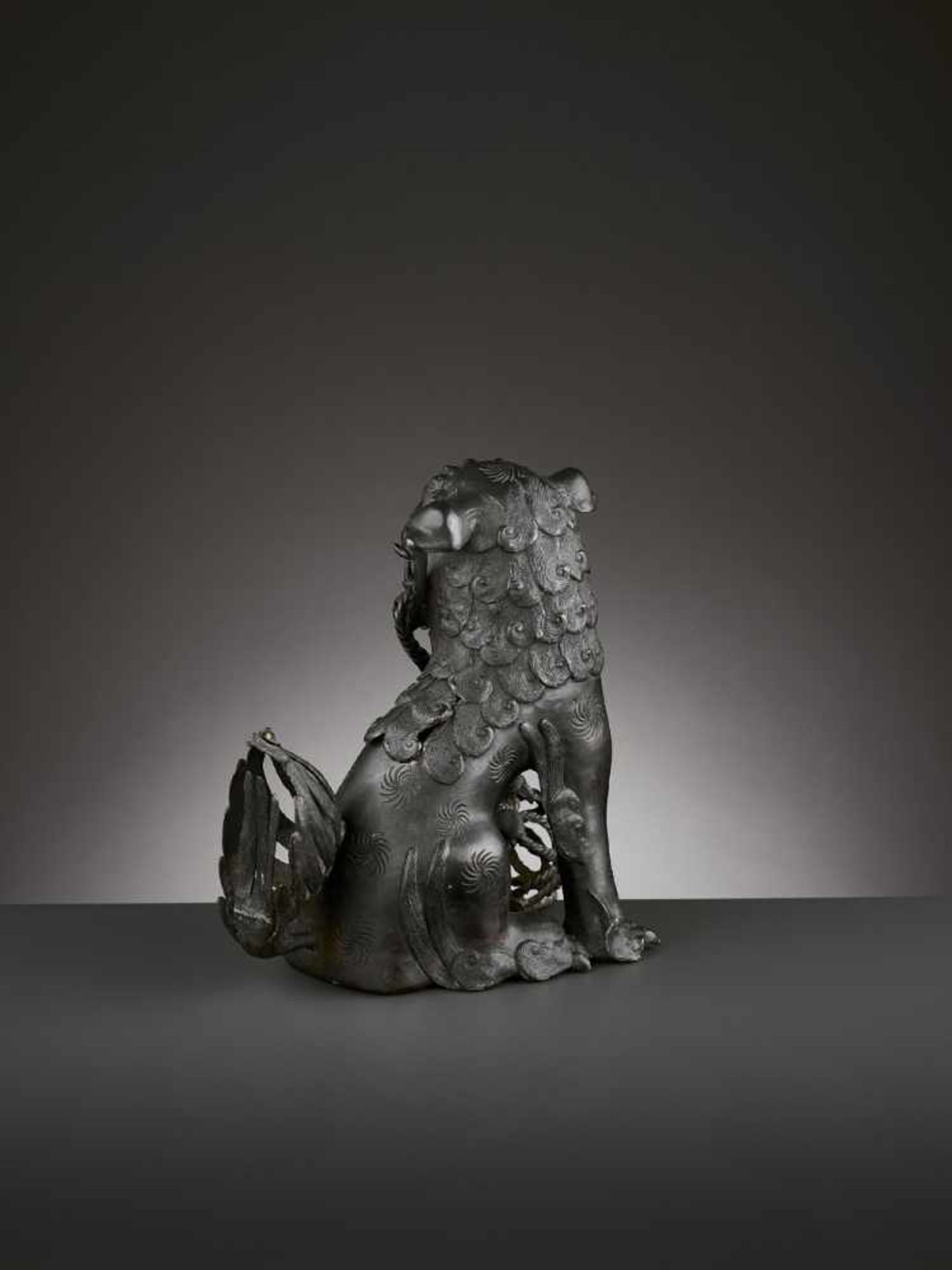 A BRONZE ‘BUDDHIST LION’ CENSER, MING China 17th century. Cast seated, the raised head with large - Image 6 of 11