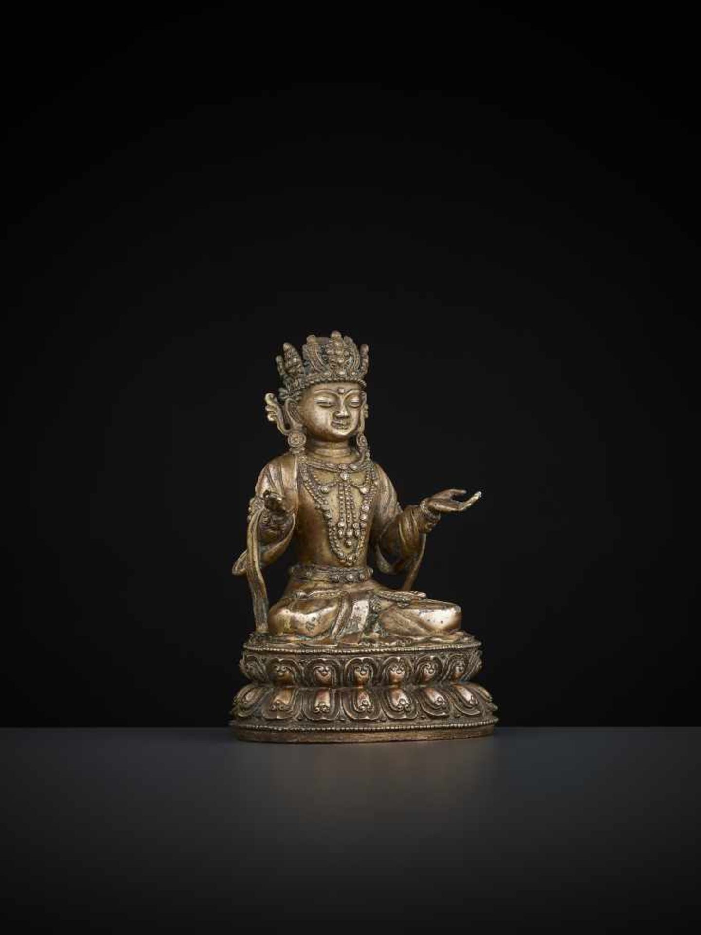 A COPPER-BRONZE STATUE OF BODHISATTVA Tibetan-Chinese, 15th – 16th century. Bodhisattva is seated in - Image 8 of 11