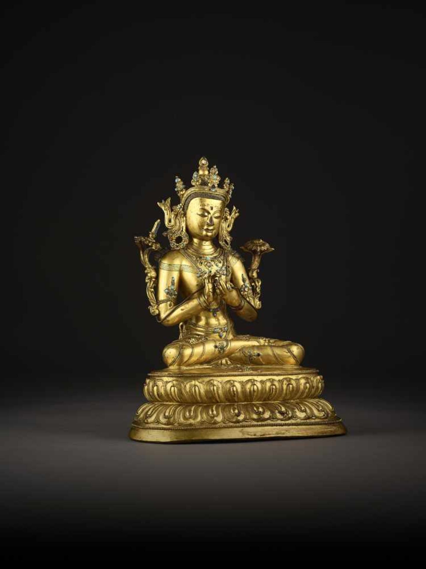 AN EXTREMELY RARE GILT-BRONZE FIGURE OF MANJUSRI, TIBET 14TH CENTURY - Image 4 of 23