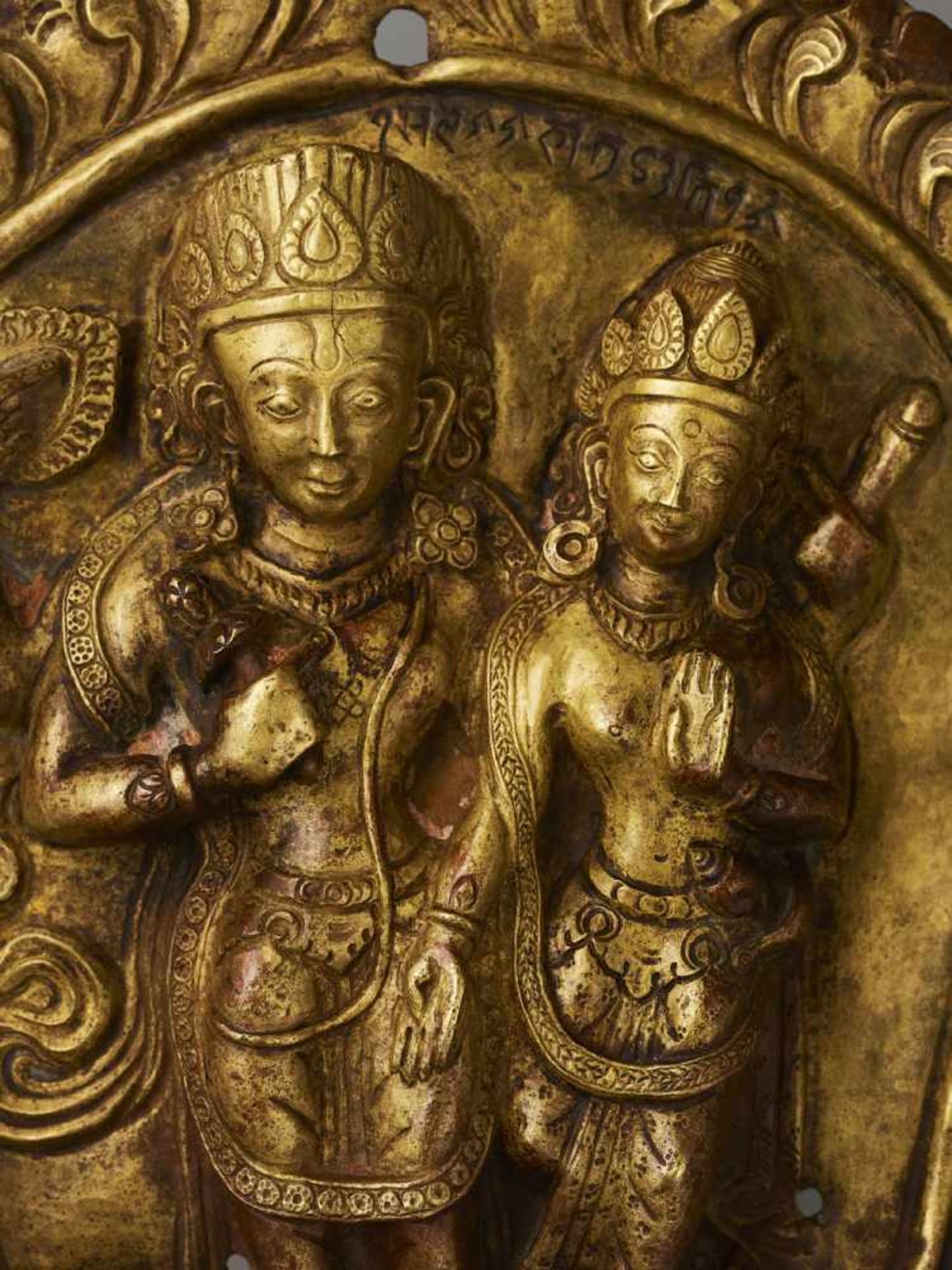 A GILT COPPER REPOUSSÉ RELIEF Nepal, 18th – 19th century. Depiction of Lakshmi-Narayana, a - Image 3 of 7