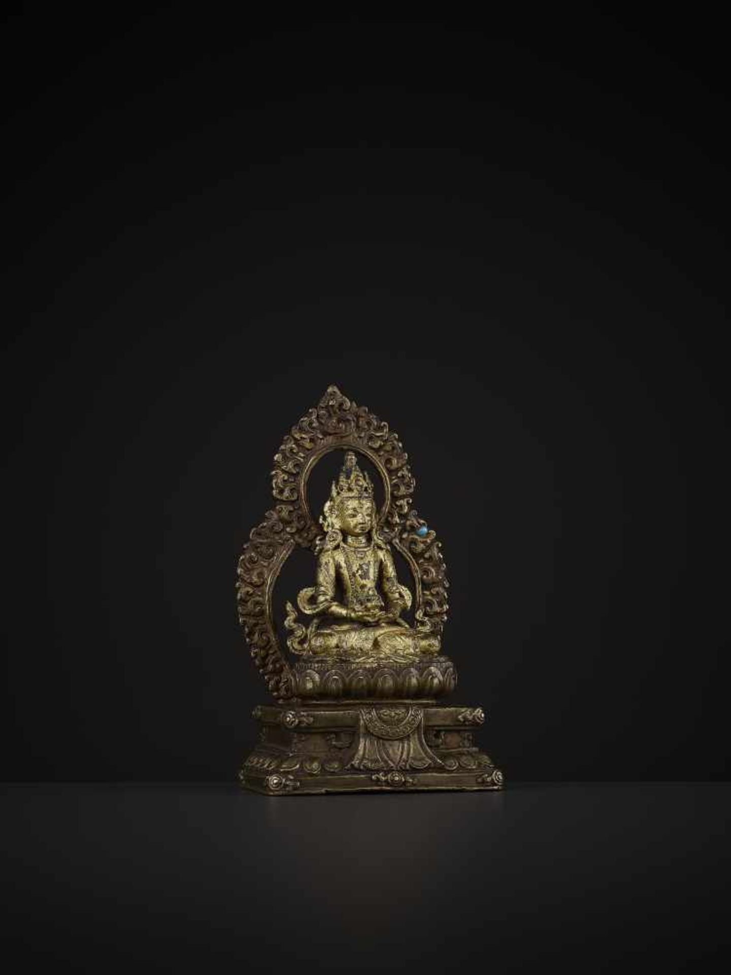 A COPPER ALLOY SHRINE TO AMITAYUS, QING China, 18th century. The lacquer gilt figure holding a - Image 6 of 7