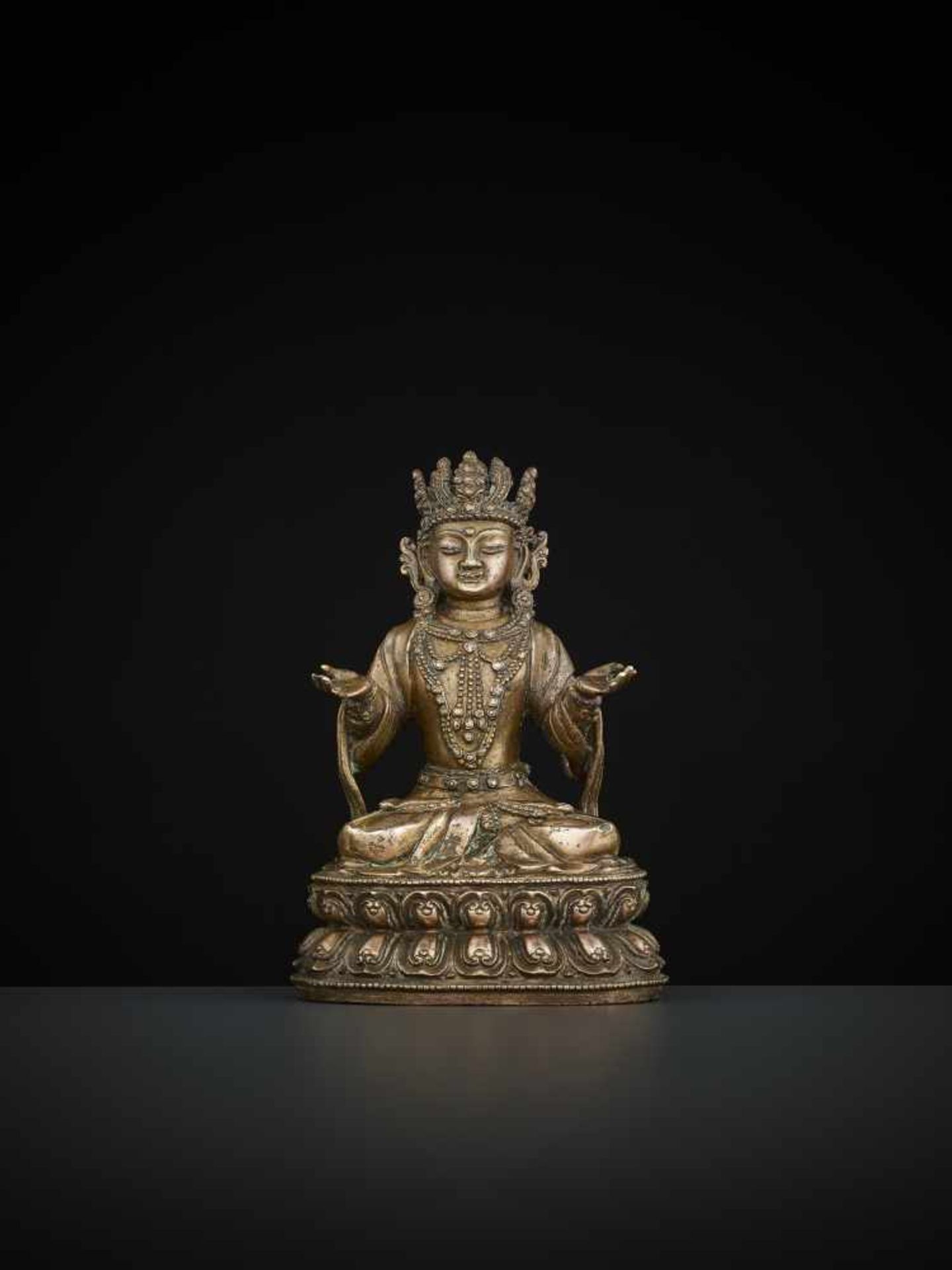 A COPPER-BRONZE STATUE OF BODHISATTVA Tibetan-Chinese, 15th – 16th century. Bodhisattva is seated in - Image 3 of 11