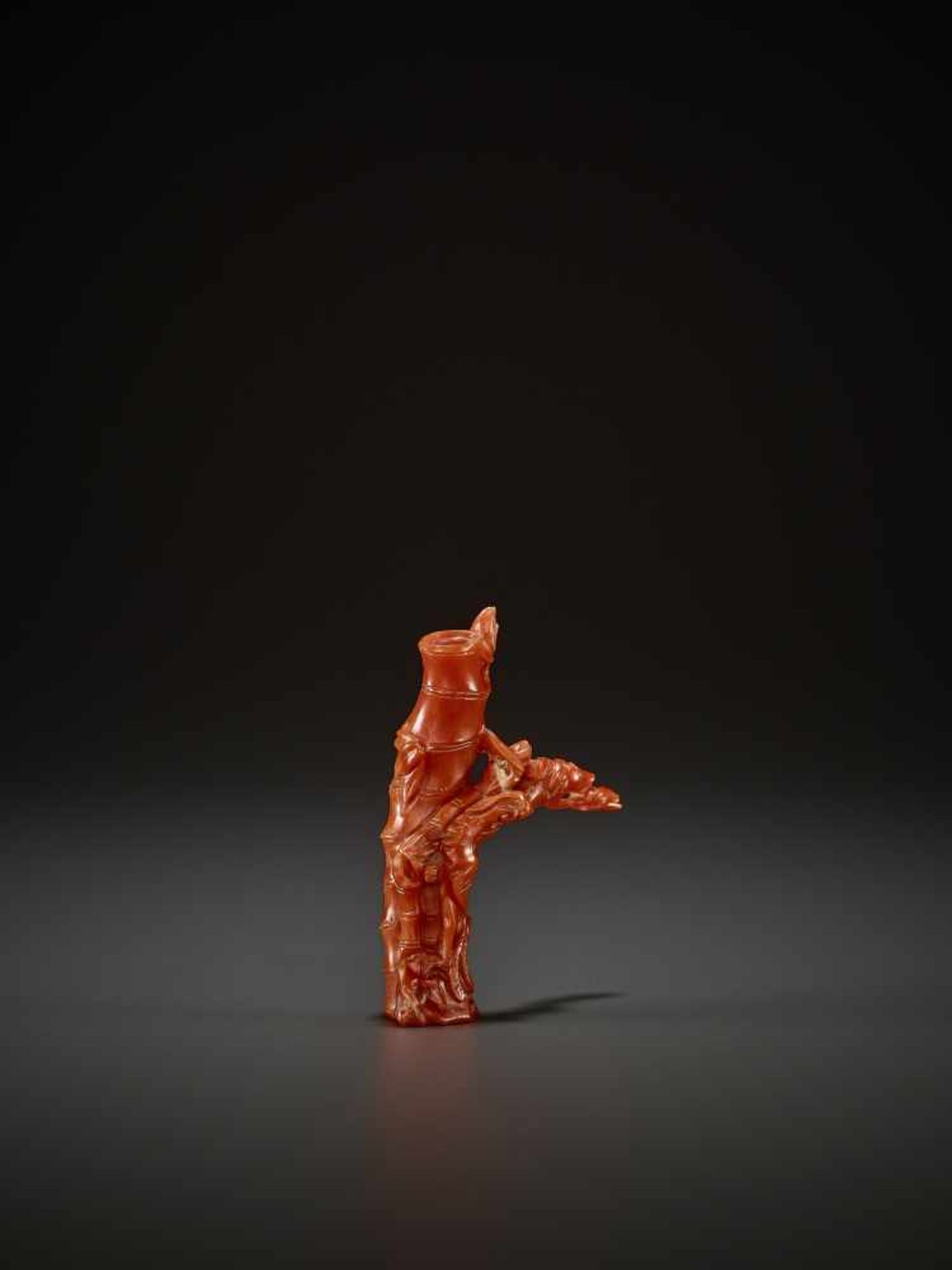 A CORAL JOSS STICK HOLDER, QING China, 1760-1860. Finely carved in the form of a bamboo with - Image 10 of 11