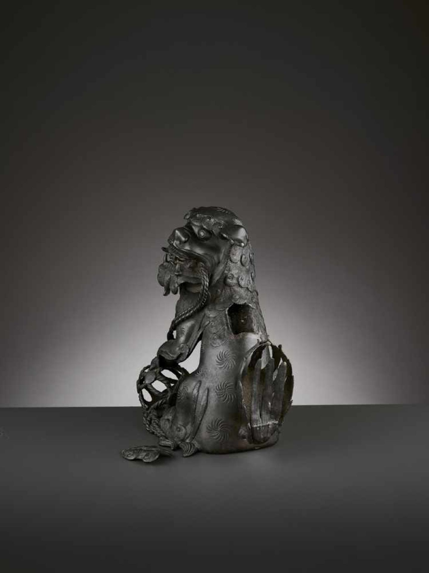 A BRONZE ‘BUDDHIST LION’ CENSER, MING China 17th century. Cast seated, the raised head with large - Image 5 of 11