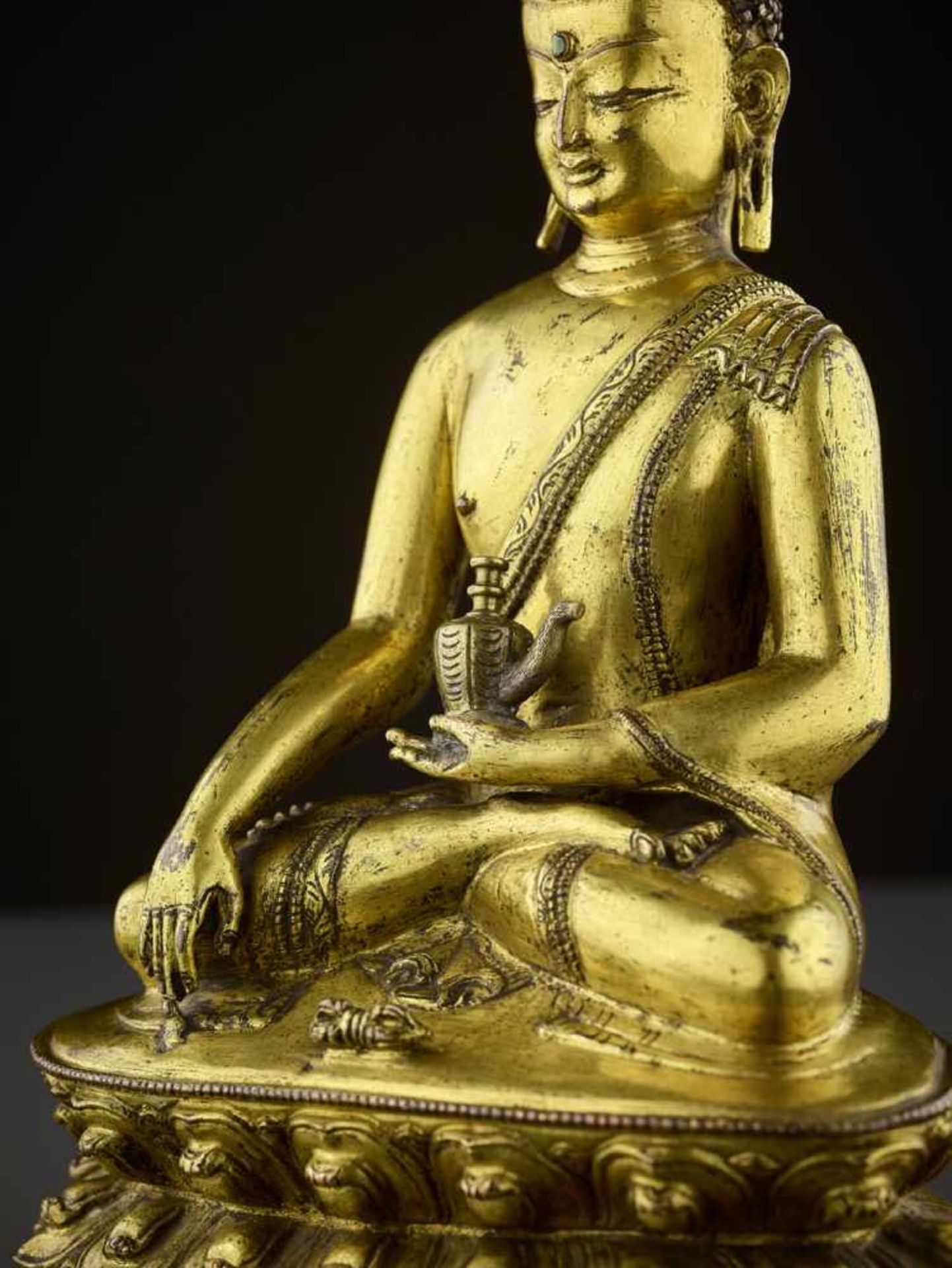 A GILT BRONZE BUDDHA VAJRASANA Tibet, 14th - 16th century. A superb fire-gilt bronze of Buddha - Image 5 of 14