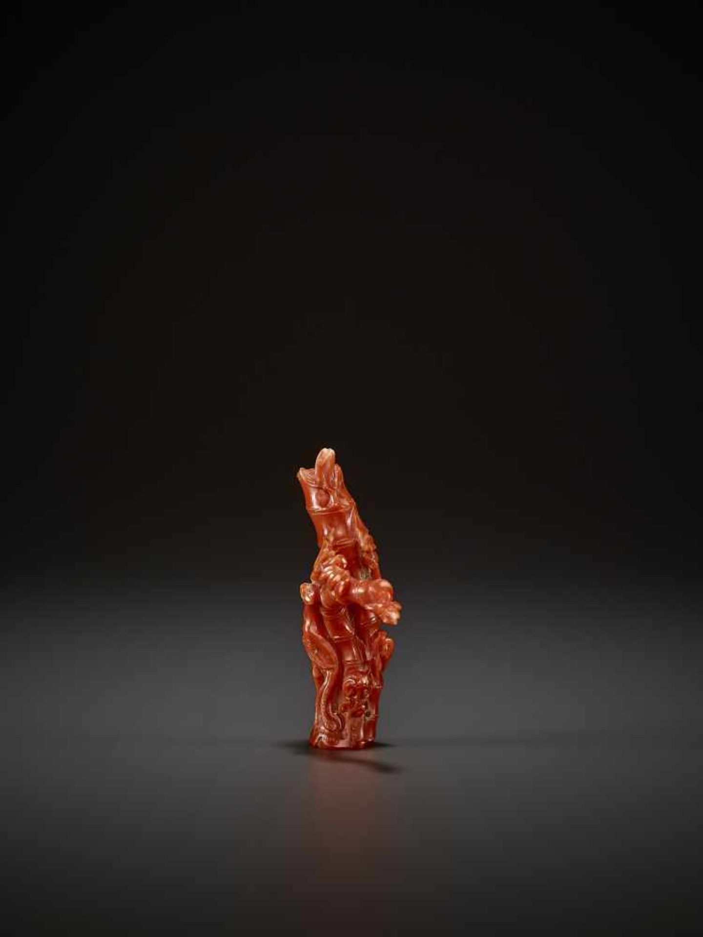 A CORAL JOSS STICK HOLDER, QING China, 1760-1860. Finely carved in the form of a bamboo with - Image 3 of 11