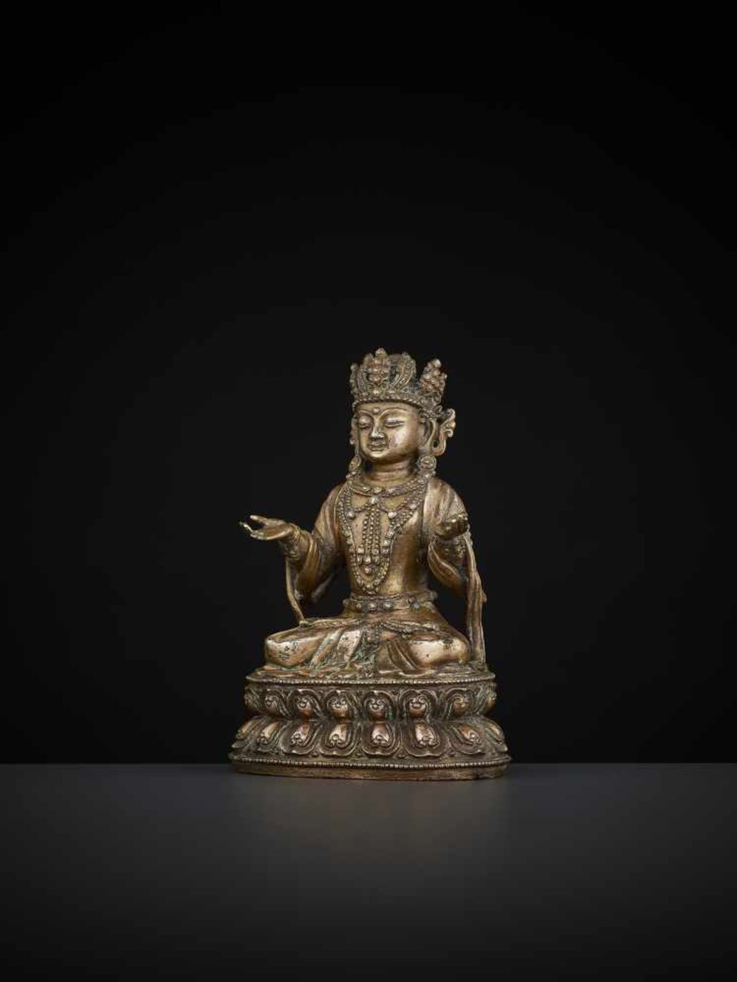 A COPPER-BRONZE STATUE OF BODHISATTVA Tibetan-Chinese, 15th – 16th century. Bodhisattva is seated in